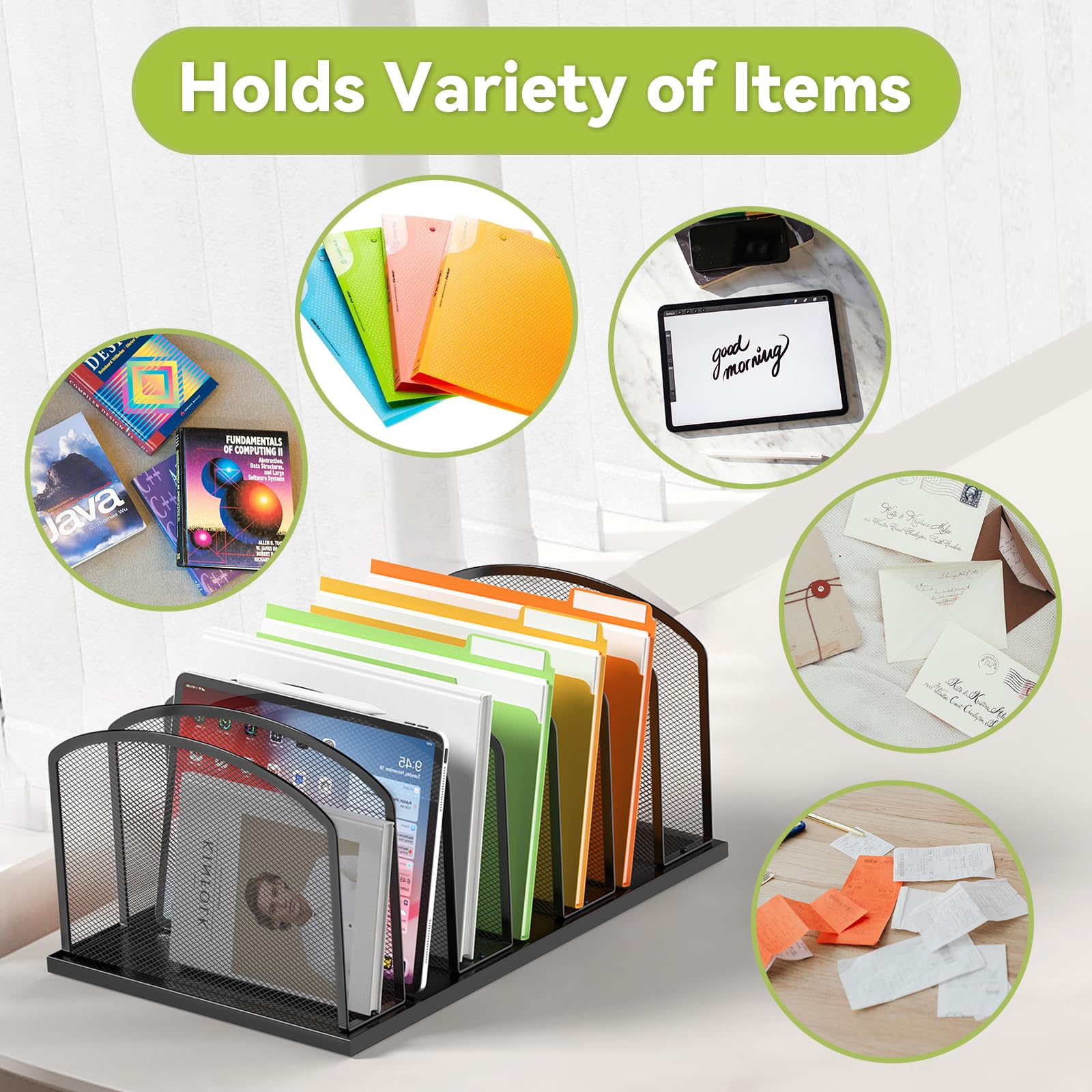 MINDEPOT Schreibtisch-Aktenordner, 7 Fächer, aufrechter Netz-Aktenordner für Schreibtisch, Büro-Organisation, Aktenhalter für Zuhause, Büro und Klassenzimmer (Schwarz, 1 Stück)