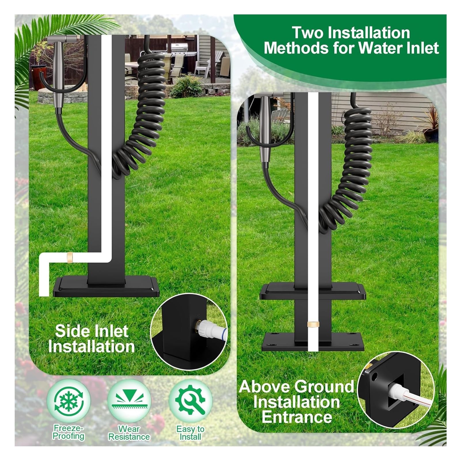 Grifo de agua para jardín columna de agua para exteriores, grifo entrada doble y estante manguera, hidrante de jardín, grifo con espiga exteriores de acero inoxidable(Estilo 1,Height: 95cm/37.4in)