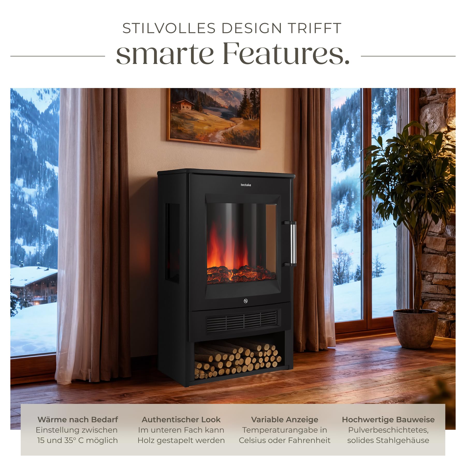 tectake® Elektrokamin mit 2 Heizstufen 900W/1800W, elektrischer Kamin mit 3D-Flammeneffekt Kaminfeuer in 8 Farben, Kamin mit Fernbedienung und Tuya-App-Steuerung, Timer, Elektro Kamin, schwarz