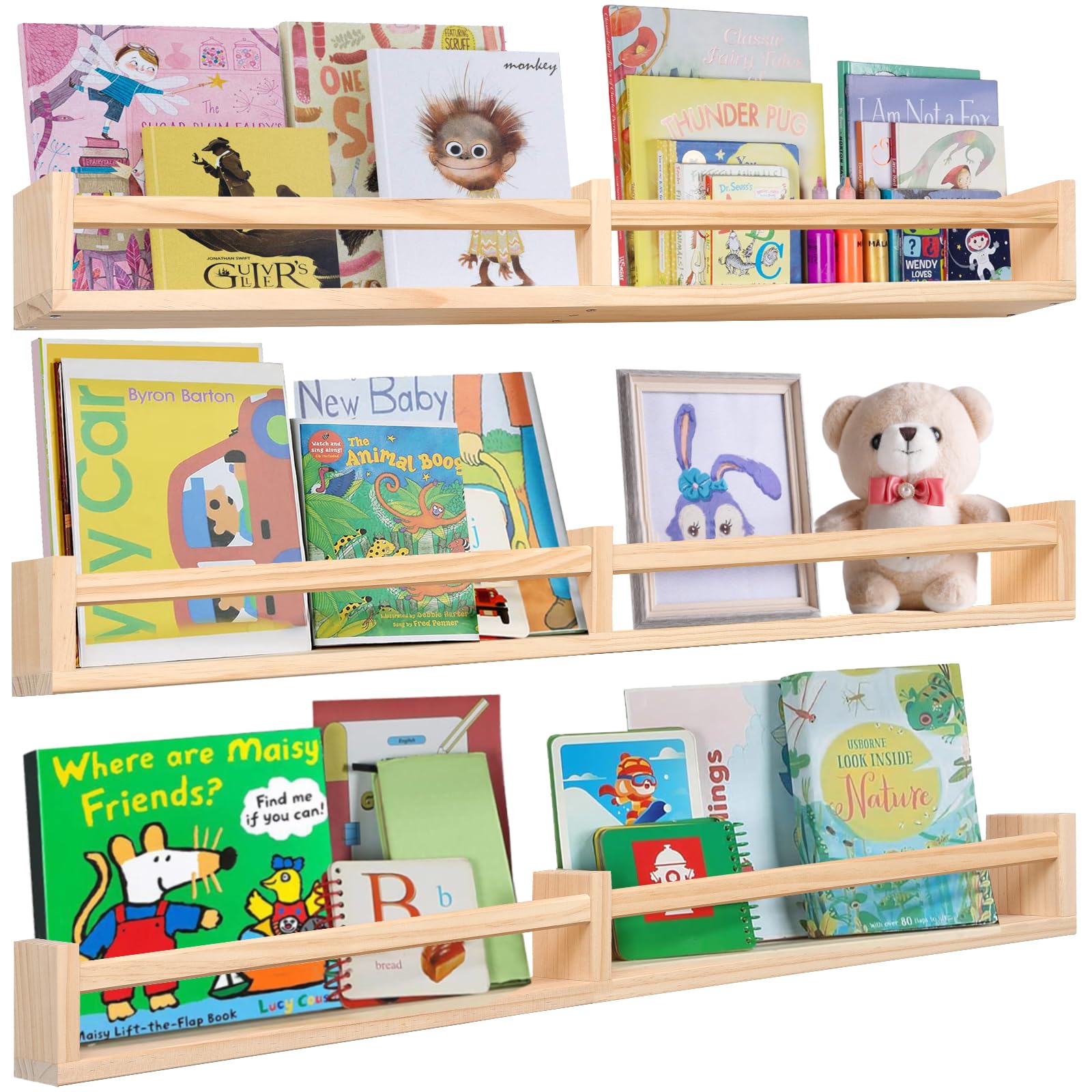 birola Nursry Shelves 32 inches Set of 3,Wood Floating Nursery Book Shelves for Wall,Wall Bookshelves for Kids,Transform Your Nursery into a Safe &