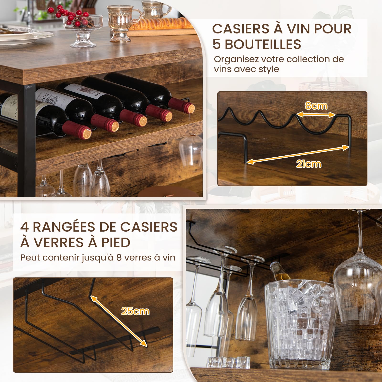GIANTEX Ilot Central Cuisine avec Plan de Travail, Table de Bar à 4 Niveaux avec Porte-Bouteilles, Porte-gobelets, Casier à Vin et Supports pour Verres à Pied, 60 x 120 x 101 CM (Marron)
