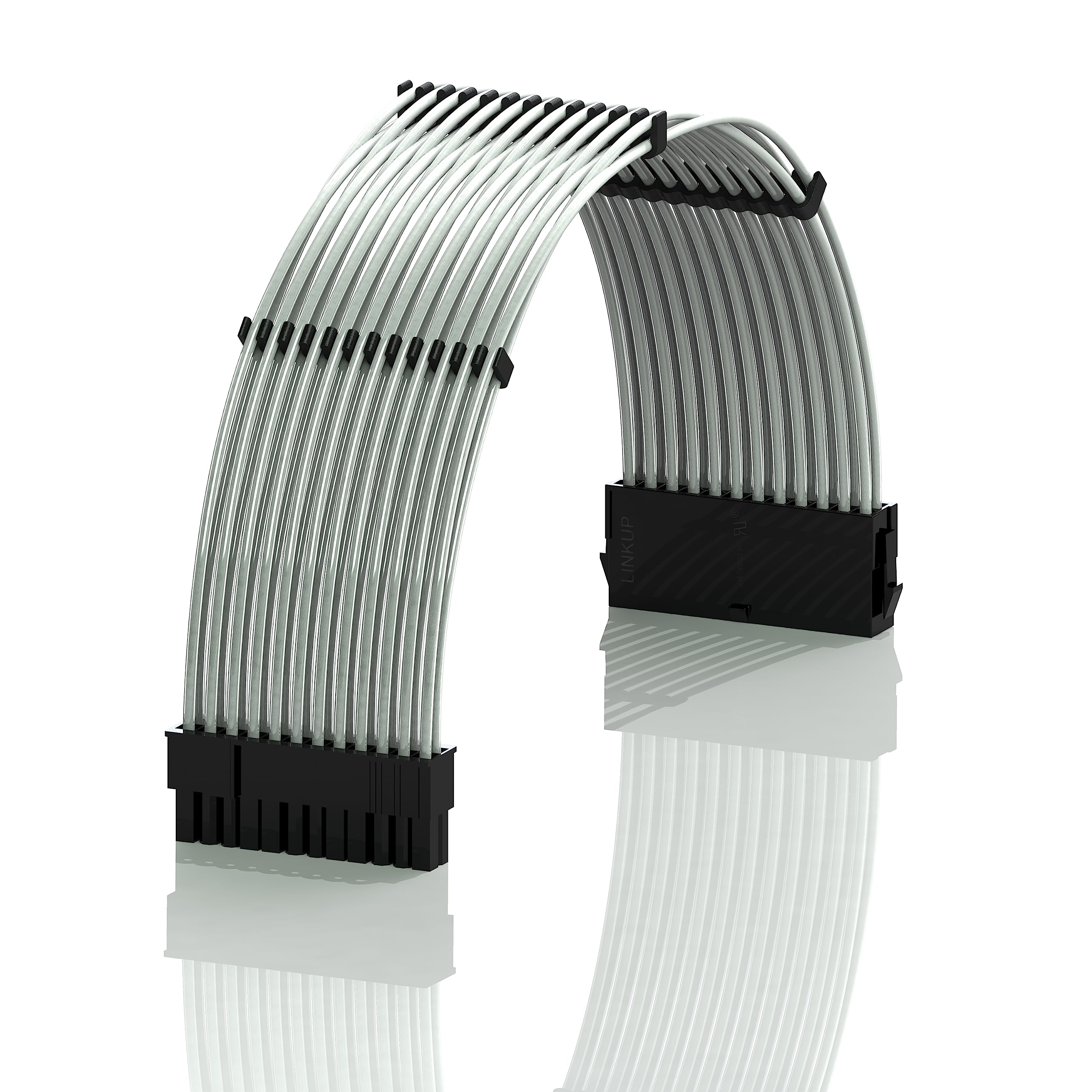 LINKUP - 30 cm 24-Broches (20+4) pour Carte mère Extension de câble PSU 18AWG cuivre sans oxygène Gaine en téflon Personnalisation PC avec Peignes | Pack Individuel | 300 mm - Argent