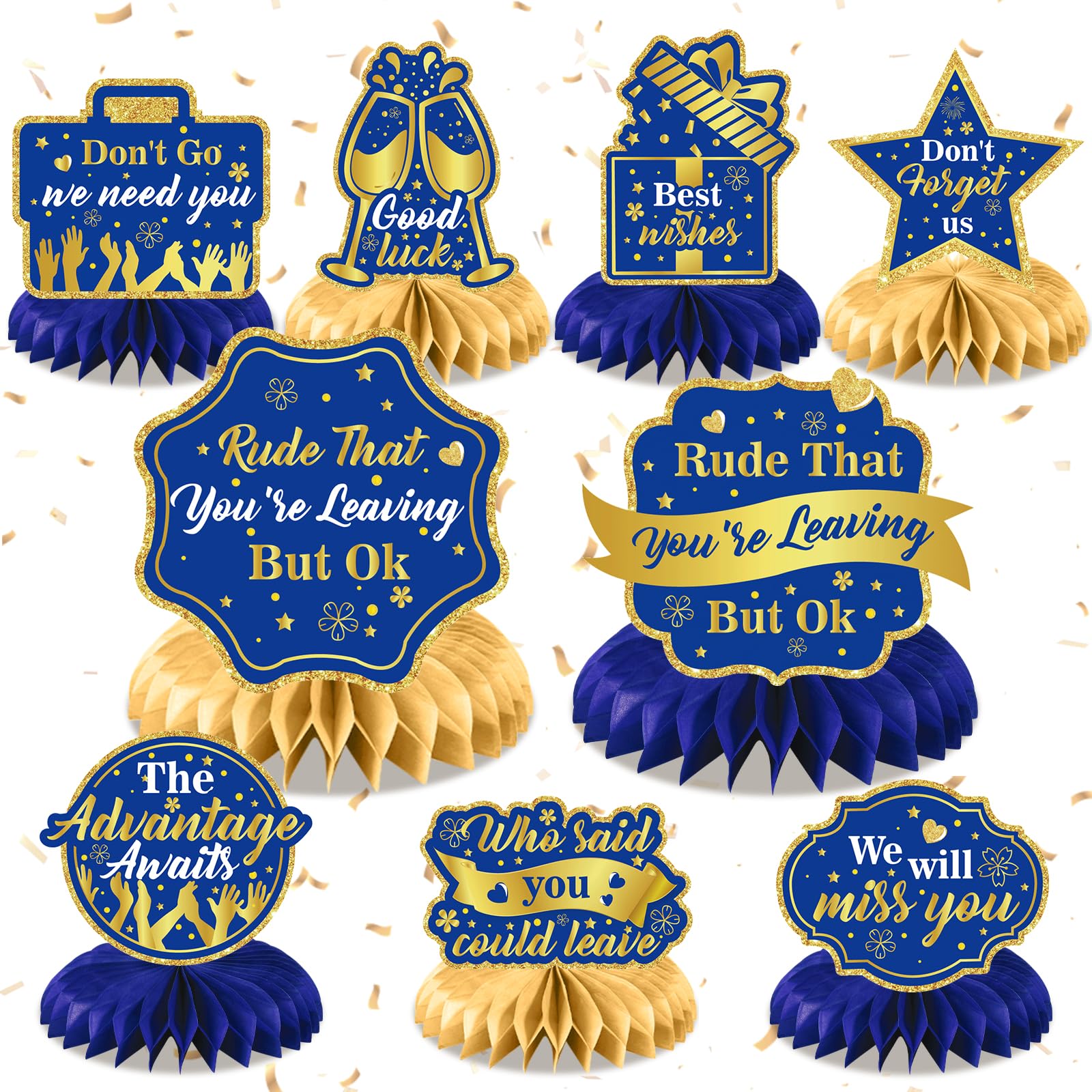 9Pcs Going Away Party Decorations Blue Gold Farewell Party Rude That You're Leaving But Ok Table Honeycomb Centerpieces We Will Miss You Topper Decor for Coworker Employee Goodbye Retirement Supplies