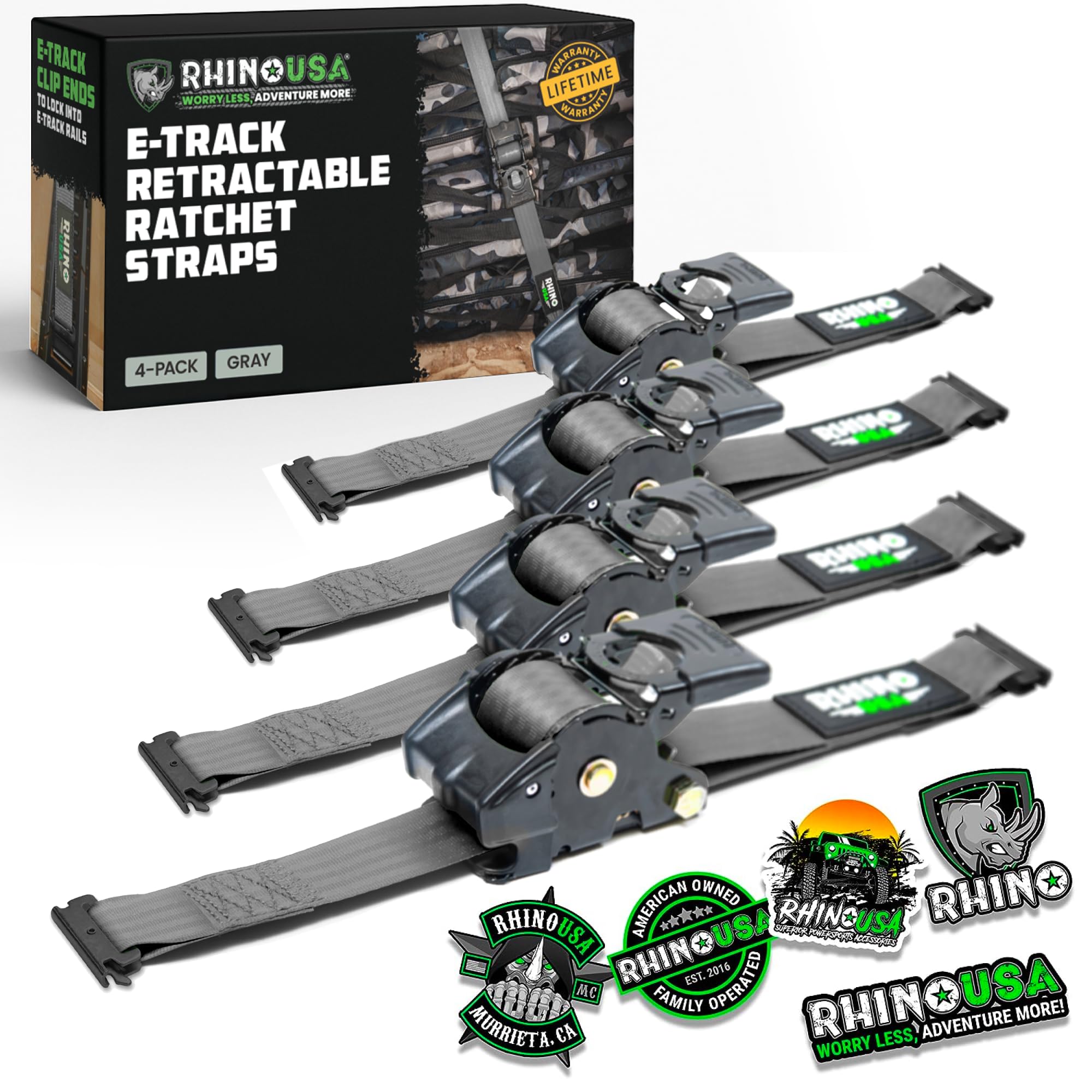 Rhino USA E Track Retractable Ratchet Tie Down Straps - 3033lb BreakStrength - Only for E Track Rail Systems. 4 Premium 2" x10' eTrack Tie Downs-Heavy Duty eTrack Cargo Strap System for Trailer-Gray