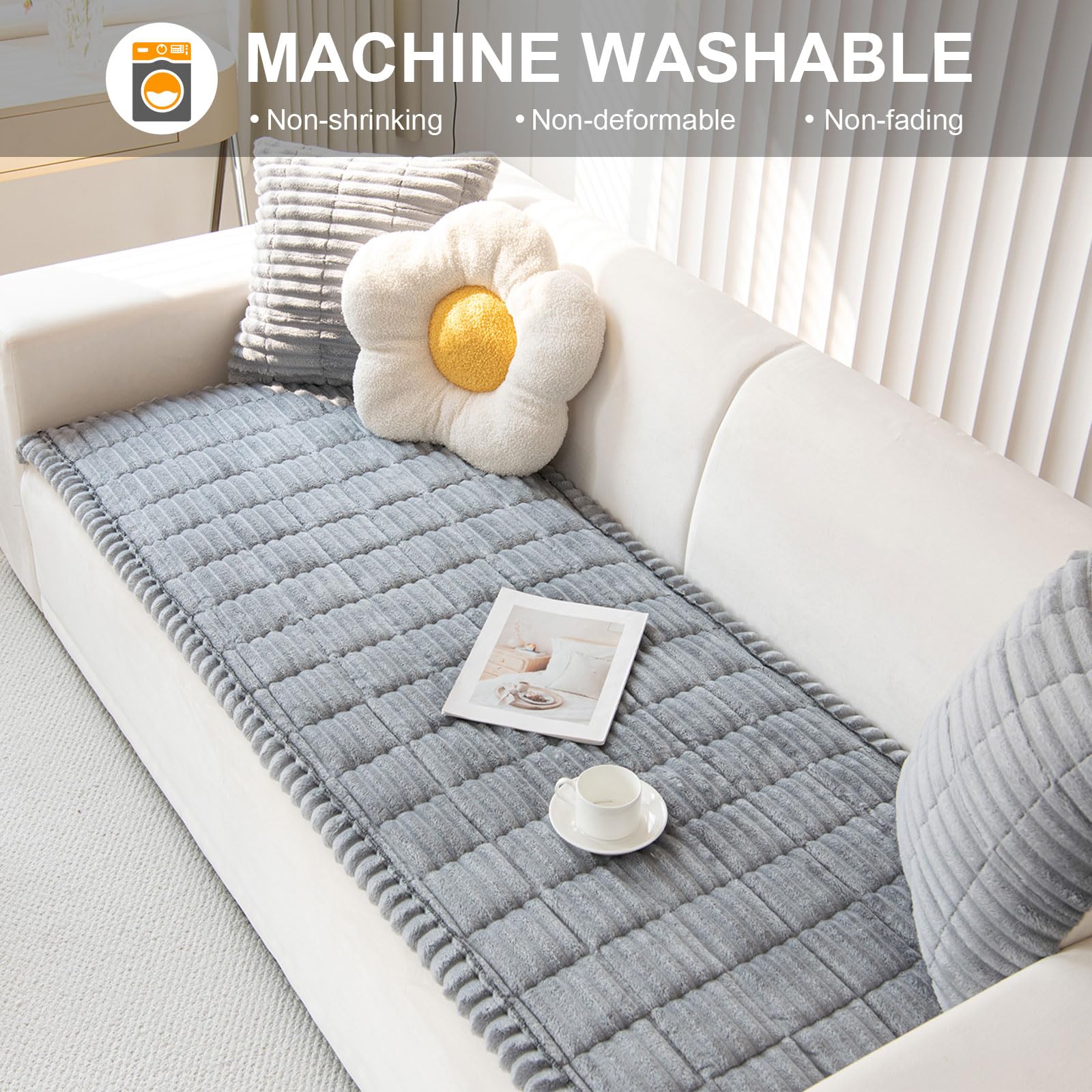 ShowyLive Sofa Covers 1 2 3 4 Seater Non Slip Sofa Slipcovers Super Soft & Thick Corduroy Sofa Cushion Covers Sofa Protectors from Pets/Kids/Dogs(Light Grey, 28 * 59 inch/70 * 150CM) — view 5