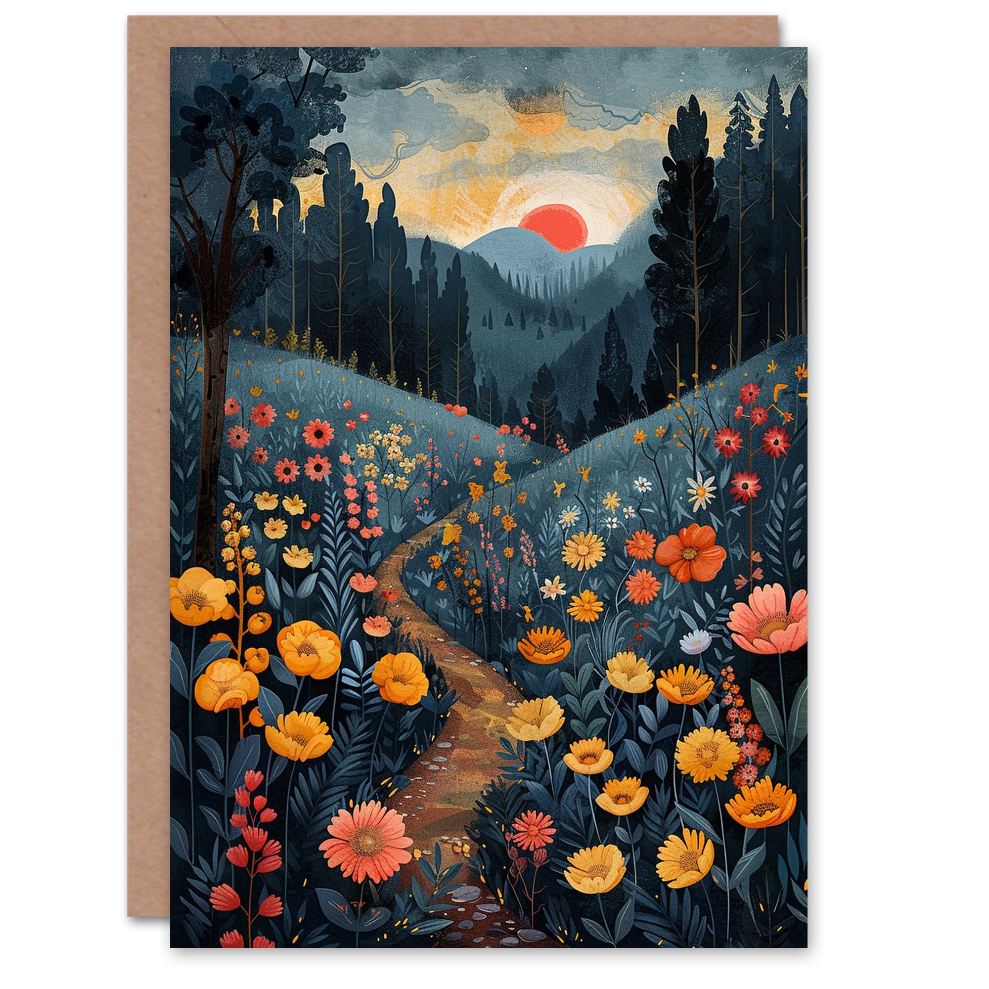Artery8 Birthday Card Colourful Flower Path Forest Landscape Sunrise For Her Gran Sister Niece Daughter Wife Woman Greeting Card