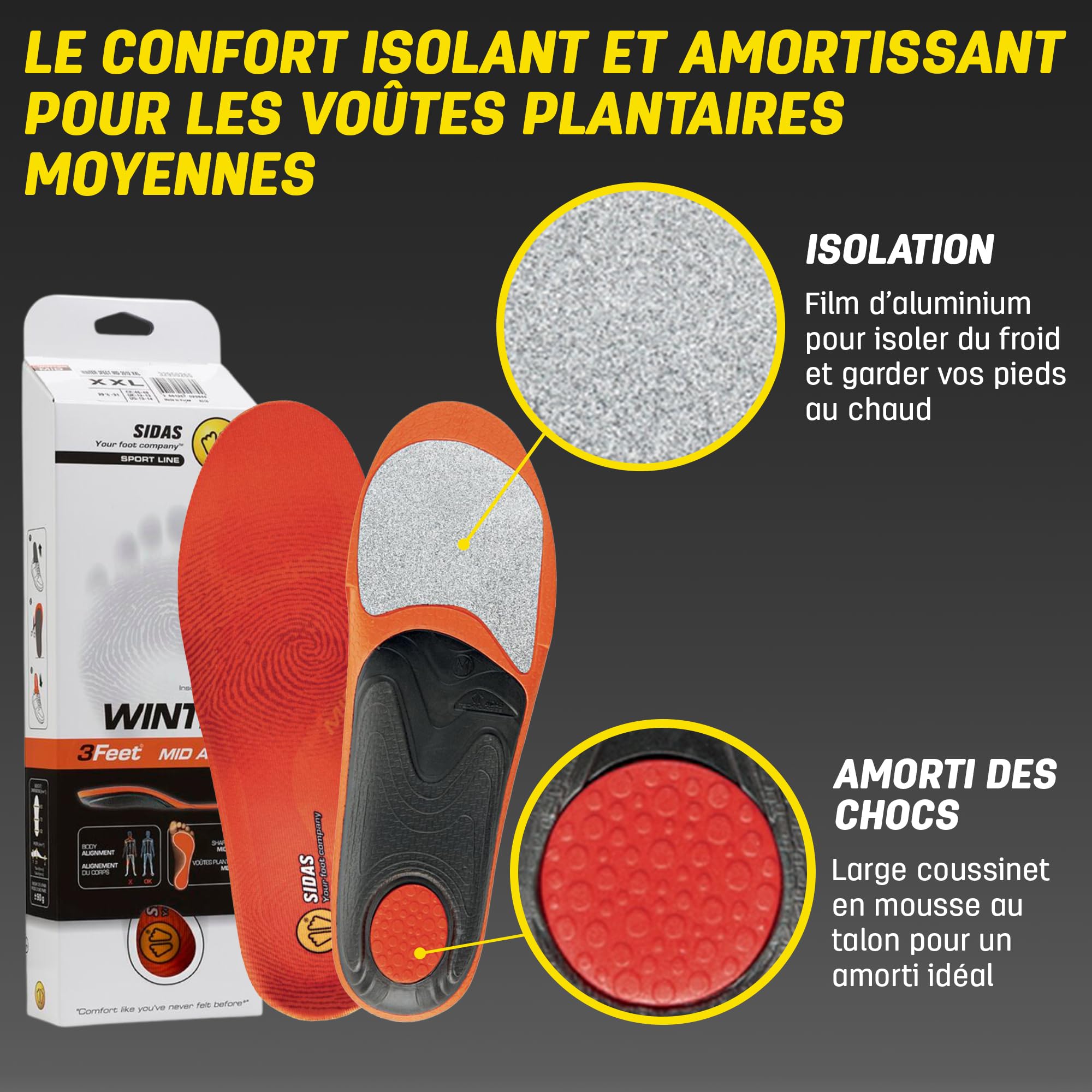 Semelles Hiver Isolantes et Confort, Winter 3feet Mid, Pieds à voûte plantaire moyenne, Pied Plat, Ski et Activités hivernales, Stabilité du Pied, Hommes et Femmes