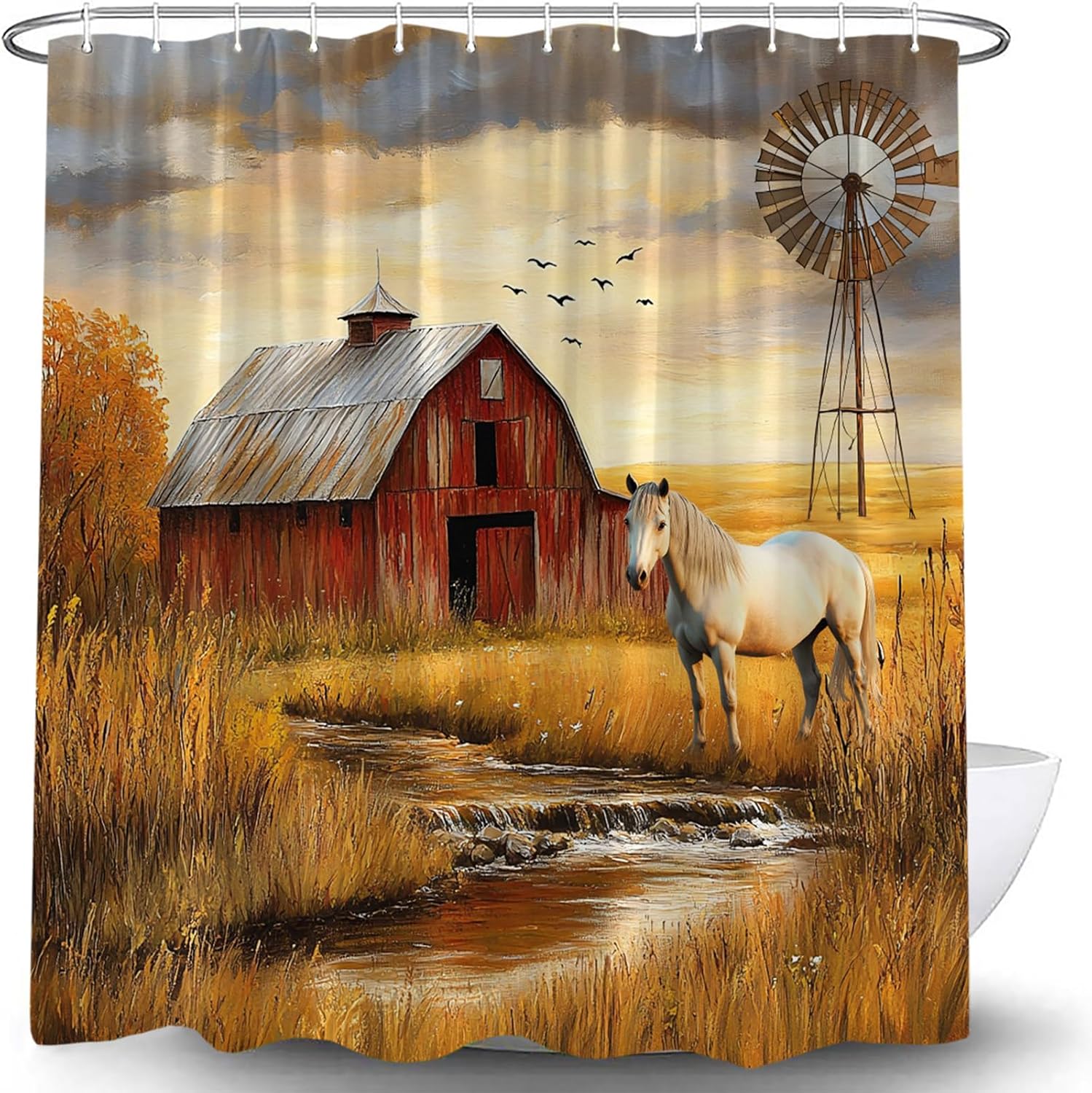 Western Fall Farmhouse Horse Shower Curtain Farm Animal Autumn Wooden Barn Door Windmill Outdoor Country Wildlife Nature Landscape Vintage Art Fabric Bathroom Curtain with Hook