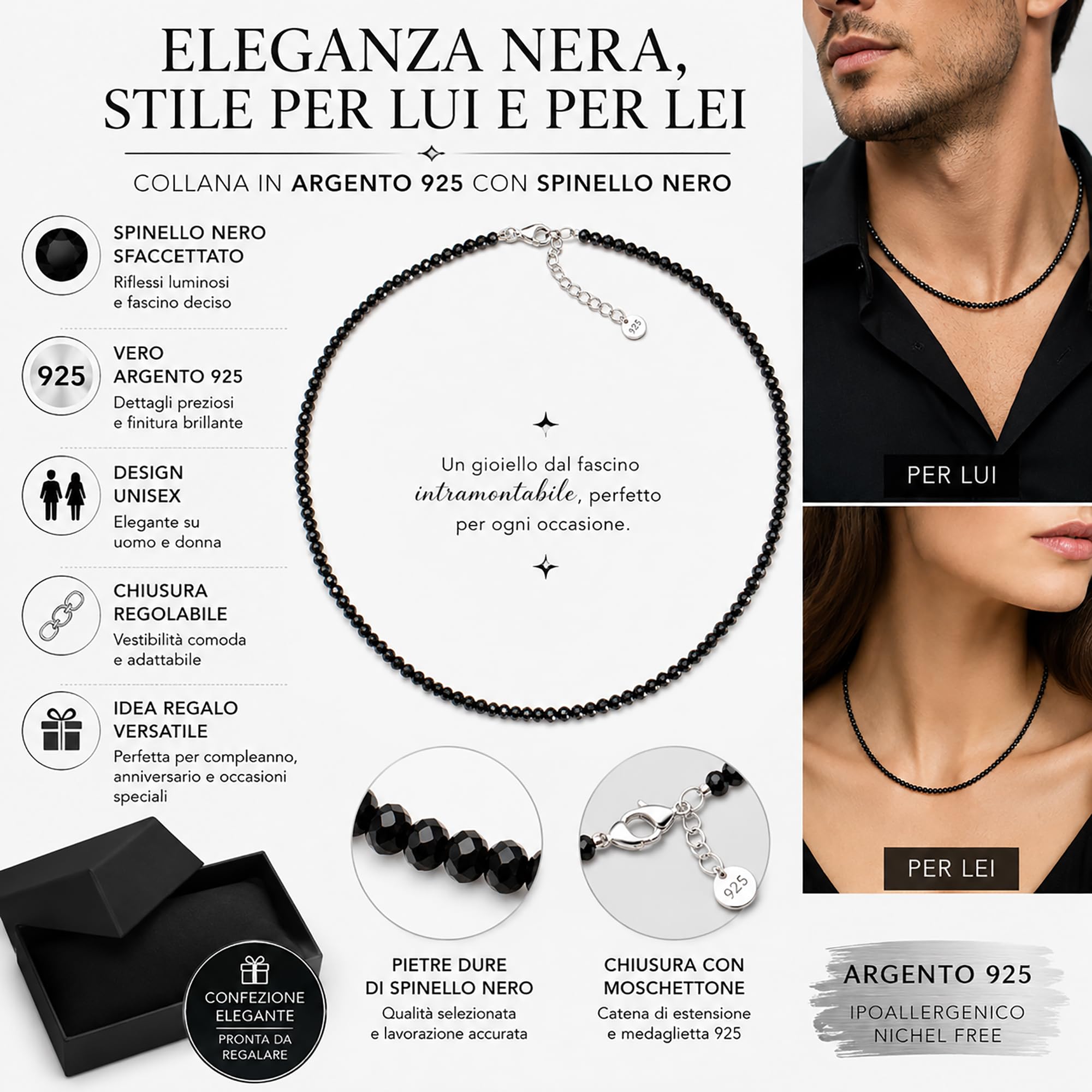 Gioielli Aurum Collana Uomo Donna in Argento 925 con Spinello Nero