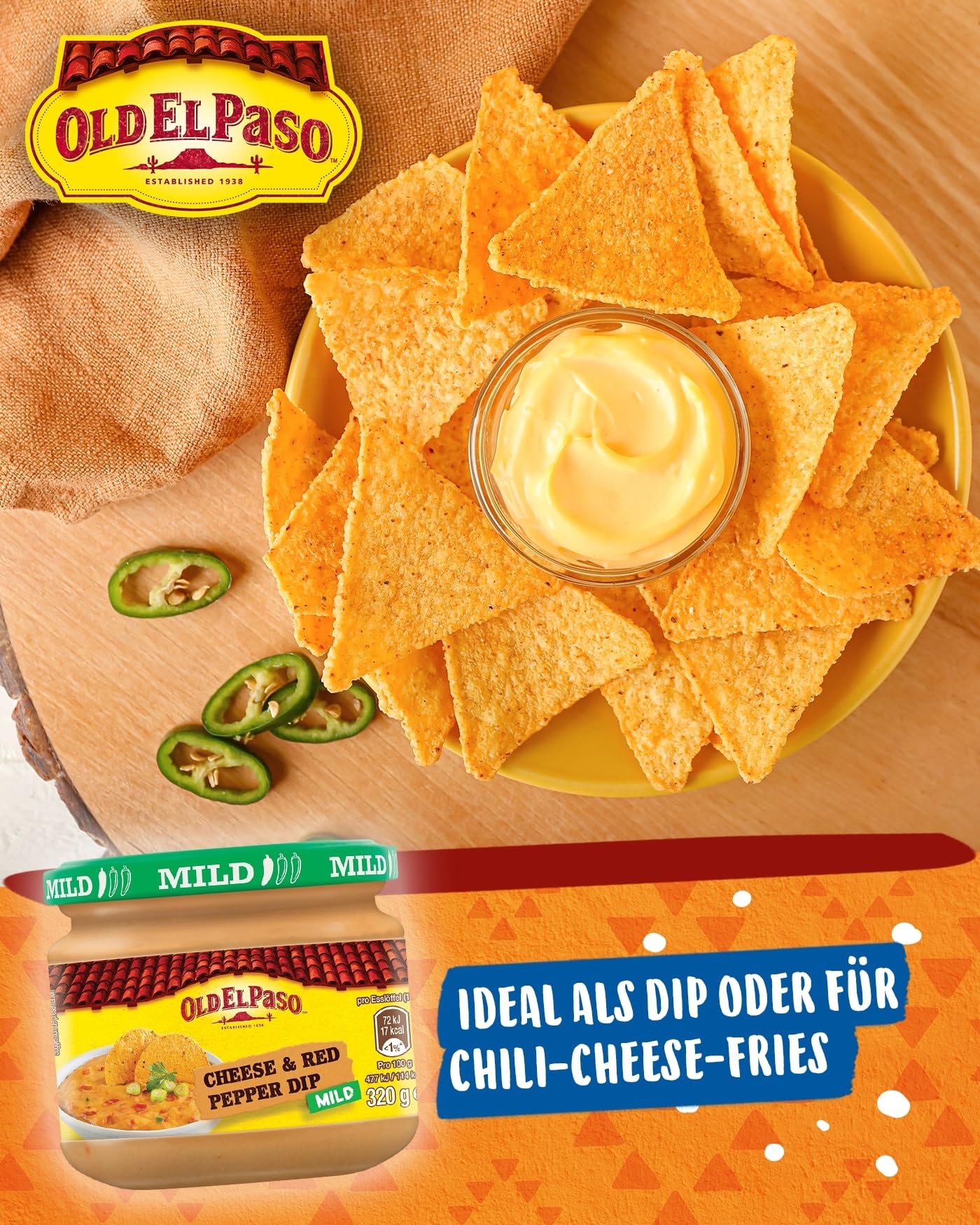 Old El Paso Tortilla Salsa Dip Cheese and Red Pepper - Sauce au fromage douce et crémeuse avec pépites de poivron - 1 x 320 g