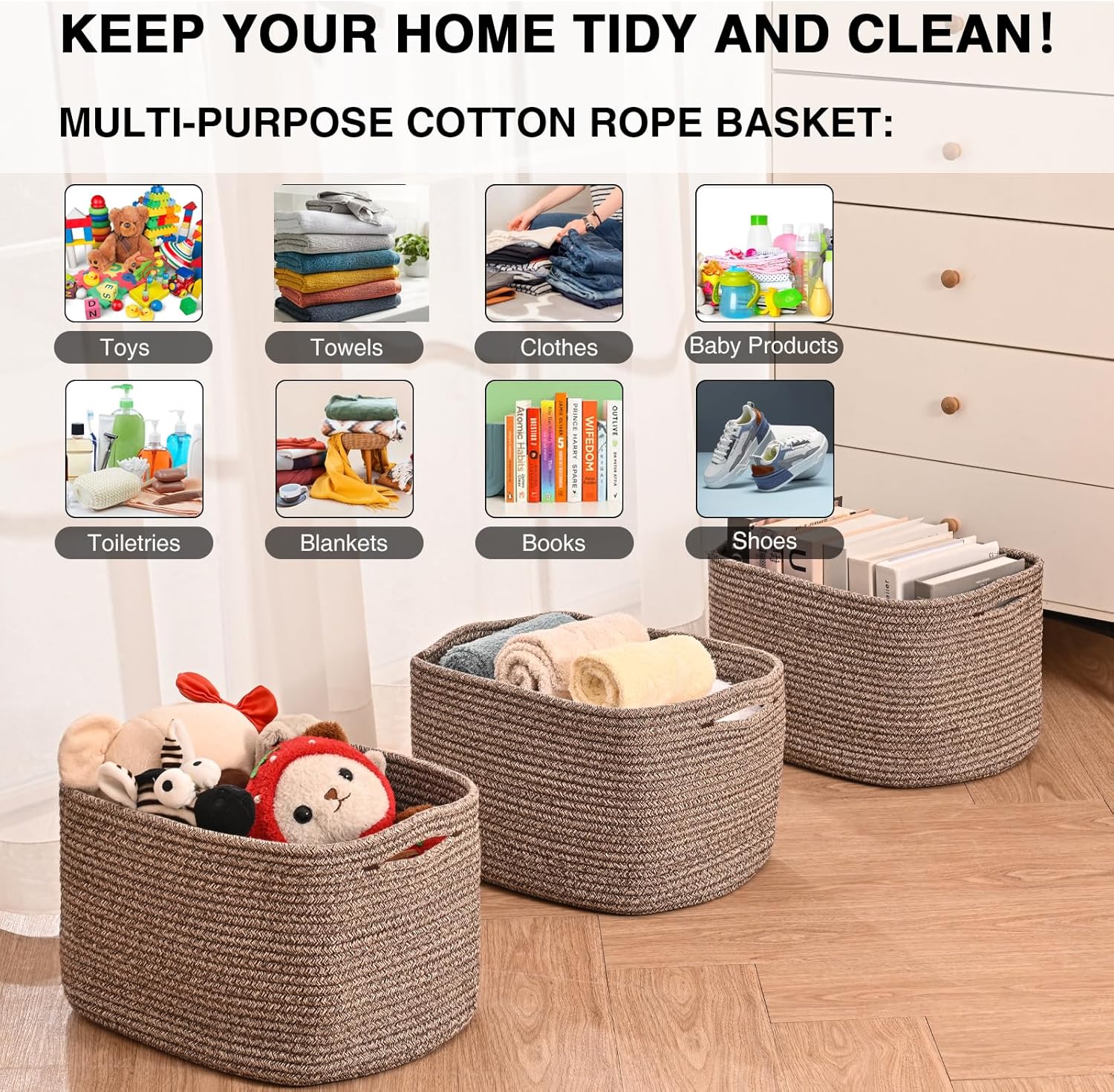 Storage Baskets for Organizing Shelves, Woven Cotton Rope Bins for Organization, Dog Toy Organizer for Shelf Living Room Bedroom, 14.8"×11"×9.5", Pack of 3, Dark Brown