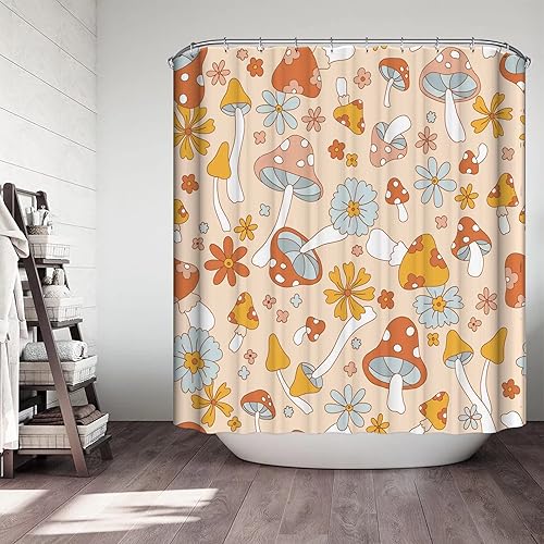 Miniatura 3 de Cortina de ducha de hongo hippie retro para baño con 12 ganchos, bonito juego de cortinas de ducha bohemias para decoración de baño, 72 x 72