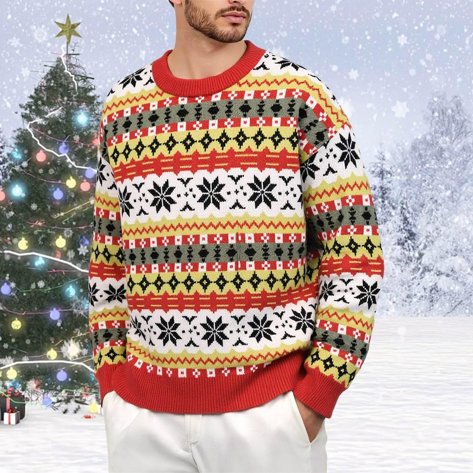 Generisch Jersey de Navidad para hombre, divertido y divertido, suéter de Navidad, suéter de punto, cuello redondo, camiseta de manga larga, suéter de trabajo, suéter de trabajo