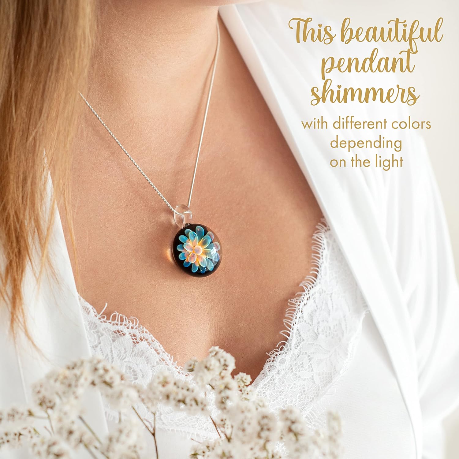 Handmade Glass Flower Pendant by TomlitArt - Art Jewelry Necklace Unique Gift for Women Girls - Silver Color Chain and Black Wax Cord - Image 2