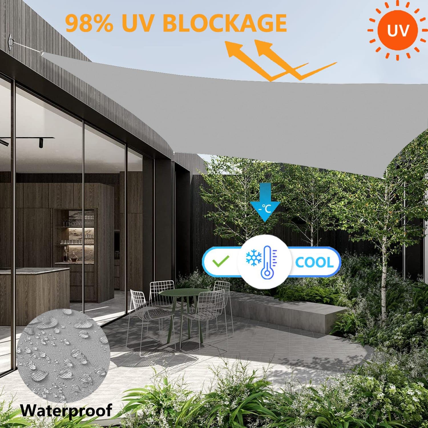 Tenda a Vela Parasole Vela Ombreggiante Rettangolare Impermeabile Tenda a Vela Giardino Protezione UV Tende da Sole con Anello D e Corda per Esterno Giardino Grigio Chiaro 3x4M