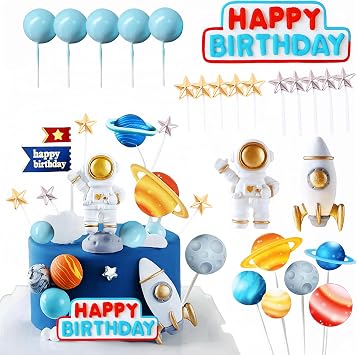 26 PCS Space Cake Toppers - Rocket and Astronaut Decoration, Cupcake Toppers, First Trip Around The Sun Topper for Birthday and Themed Party Decor