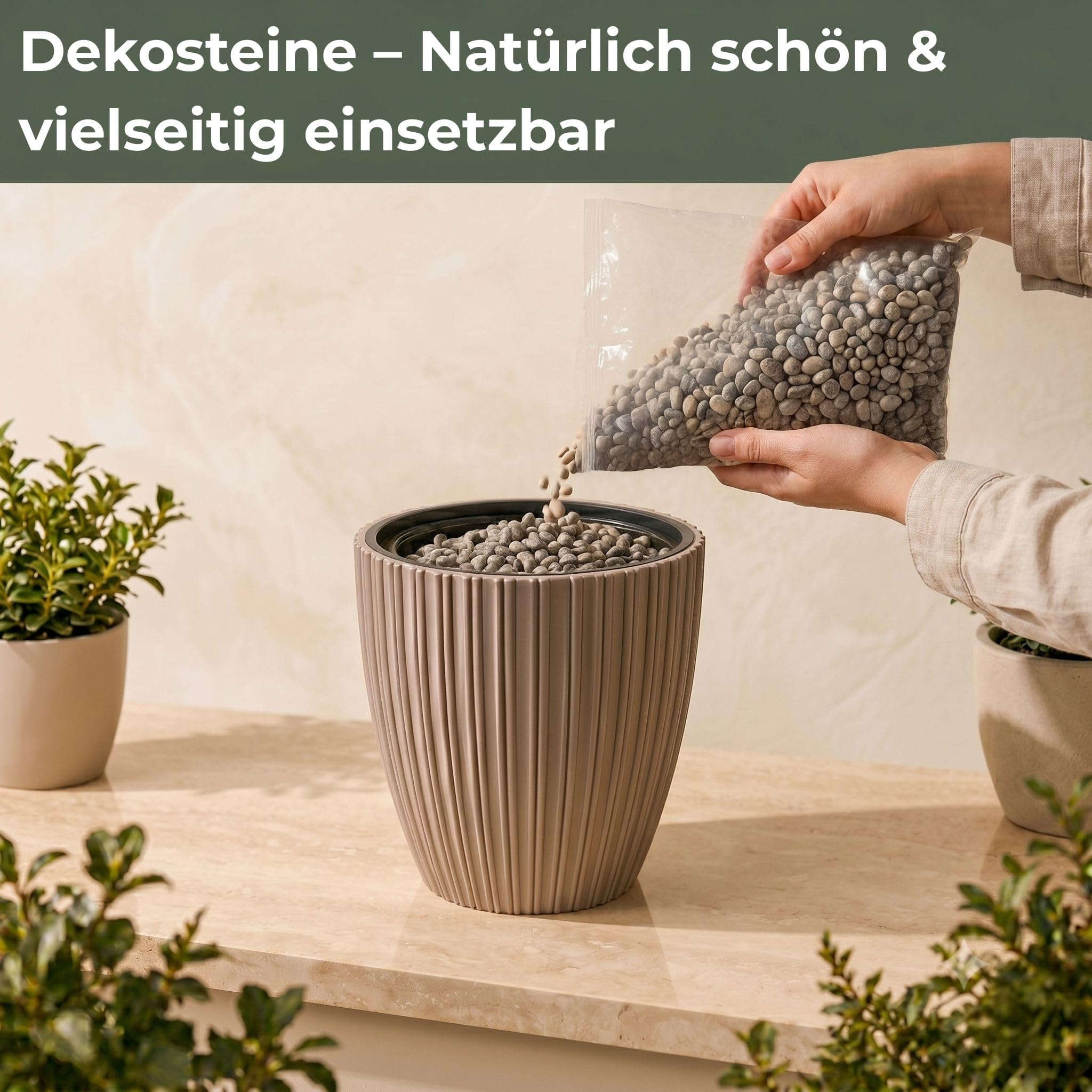 Fontana solare Premium con batteria, vaso verde tè Ø 39 x 58 cm, fontana da 3,5 W e pietre decorative