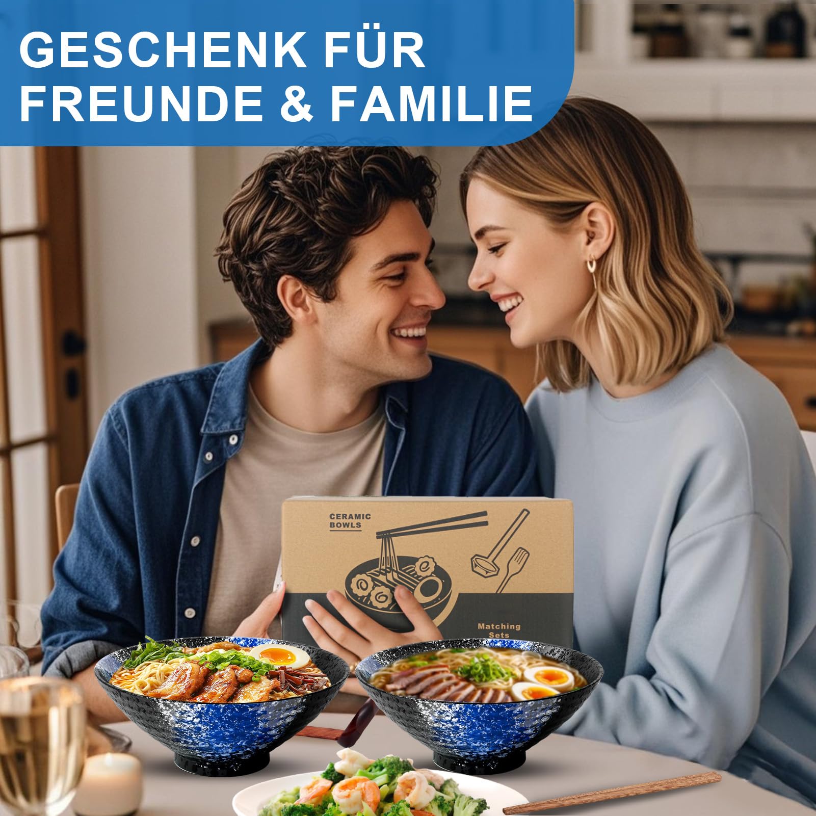 8 Zoll Ramen Schüssel Set 4 Japanisches Keramik Bowl Suppenschalen 16 Stück | Geschirr mit Stäbchen Gabeln Löffeln für Nudeln Suppen Salat Pho Müsli Mikrowelle Spülmaschinenfeste Geschenke für Mann Frau