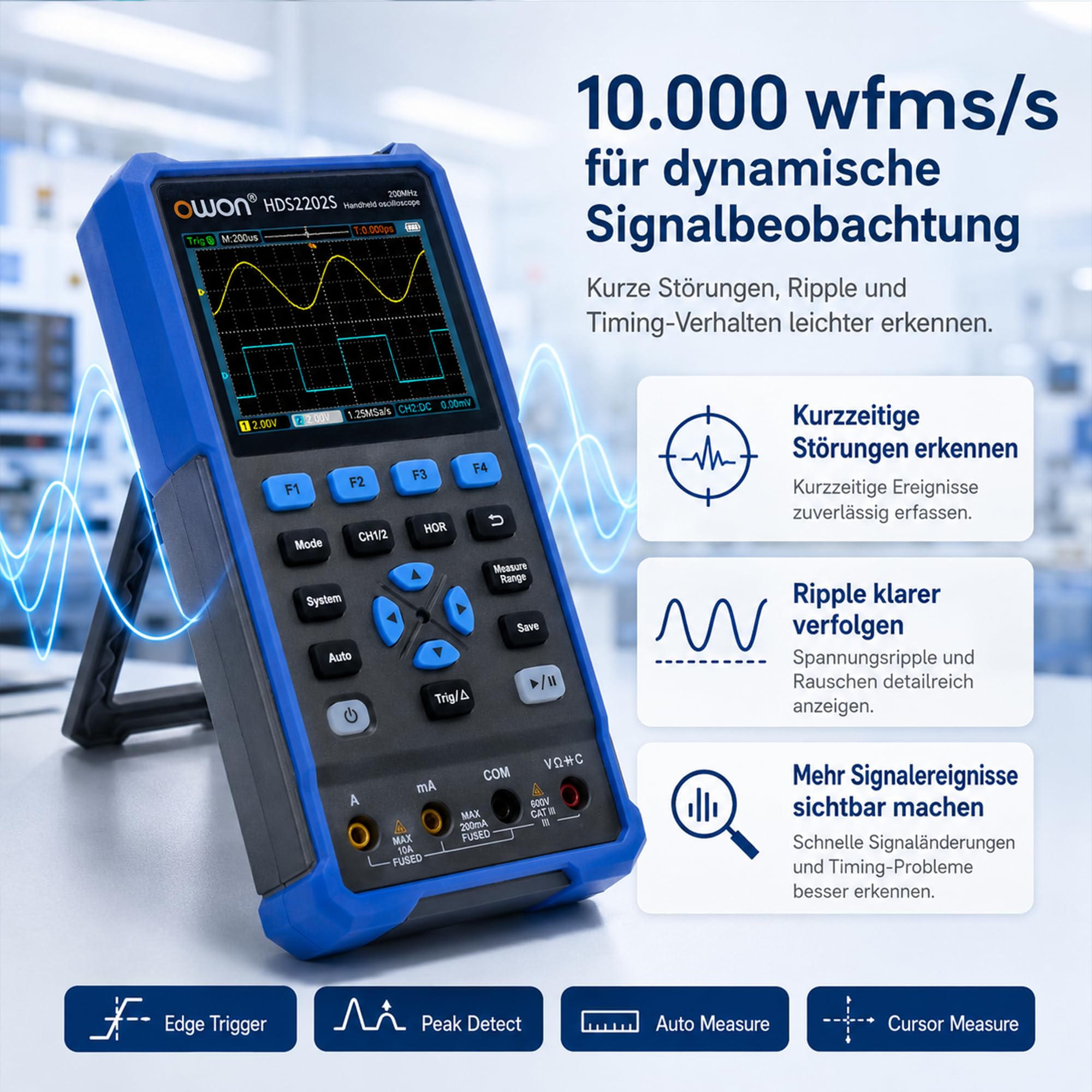 HDS2202S OWON Oszilloskop 3 in 1 Handoszilloskop 200MHz Bandbreite 1GS/s Abtastrate + 4 1/2 Stellen Multimeter+ 25MHz Signalgenerator 3,5" LCD mit einstellbarer Helligkeit