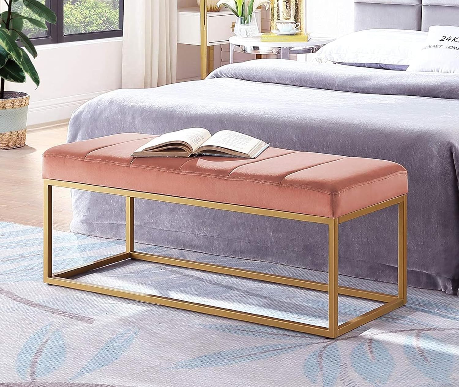 Ottoman Bench for Living Room, Bedroom, and Entryway with Velvet Upholstery and Metal Frame; Modern Ottoman Tufted Channel Bench Footboard Pink-image-24