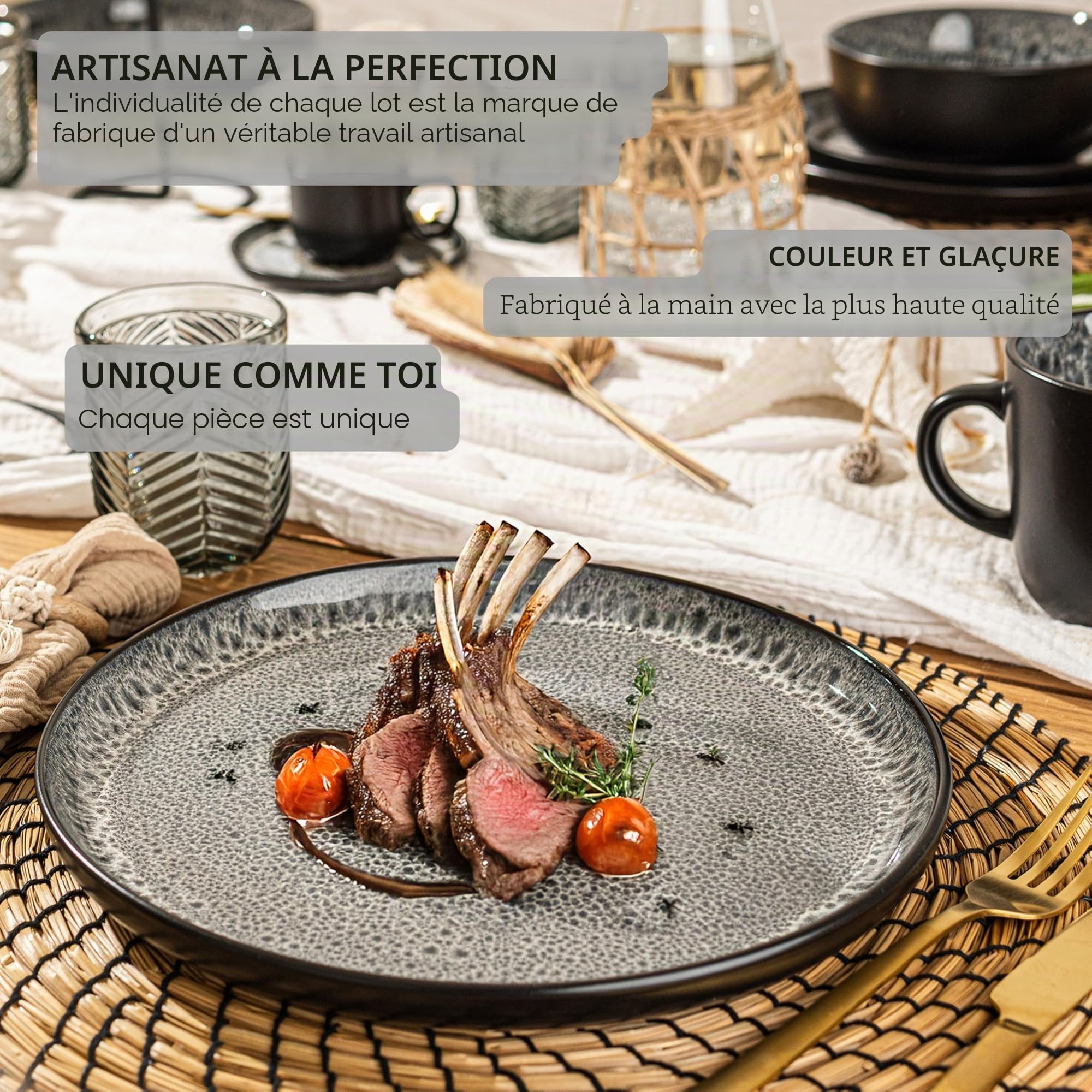 SÄNGER Sydney Vaisselle en faïence 18 pièces, pour 6 personnes, 6 assiettes plates, 6 bols à céréales, 6 assiettes à dessert, service de table gris foncé résistant aux rayures, VALUE COLLECTION