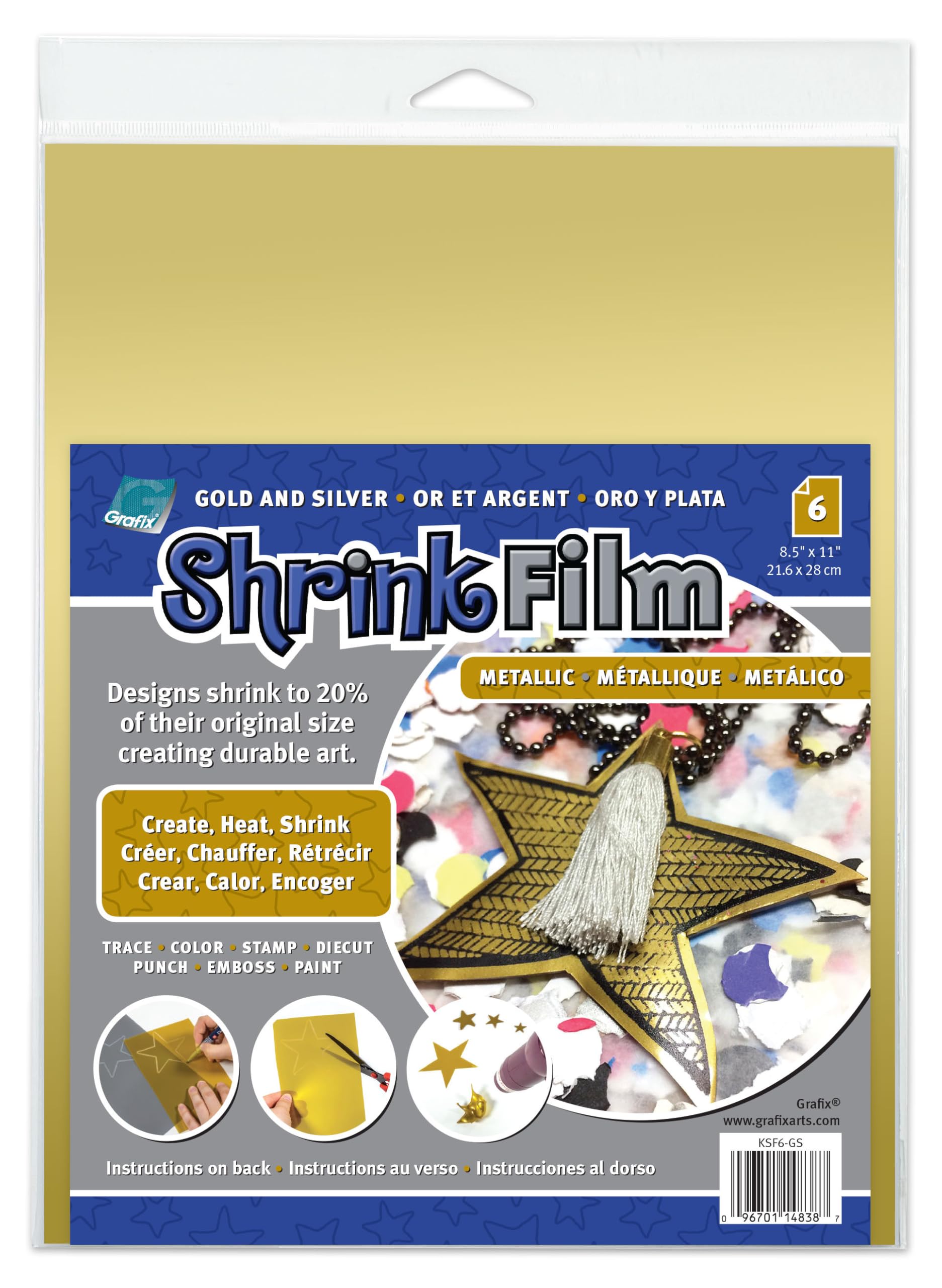 Grafix Metallic Shrink Film - Gold-Silver Opaque 8.5"x11" Sheets, Design Your Art and Shrink It to Create Jewelry, Embellishments, Paper Crafts, Gift