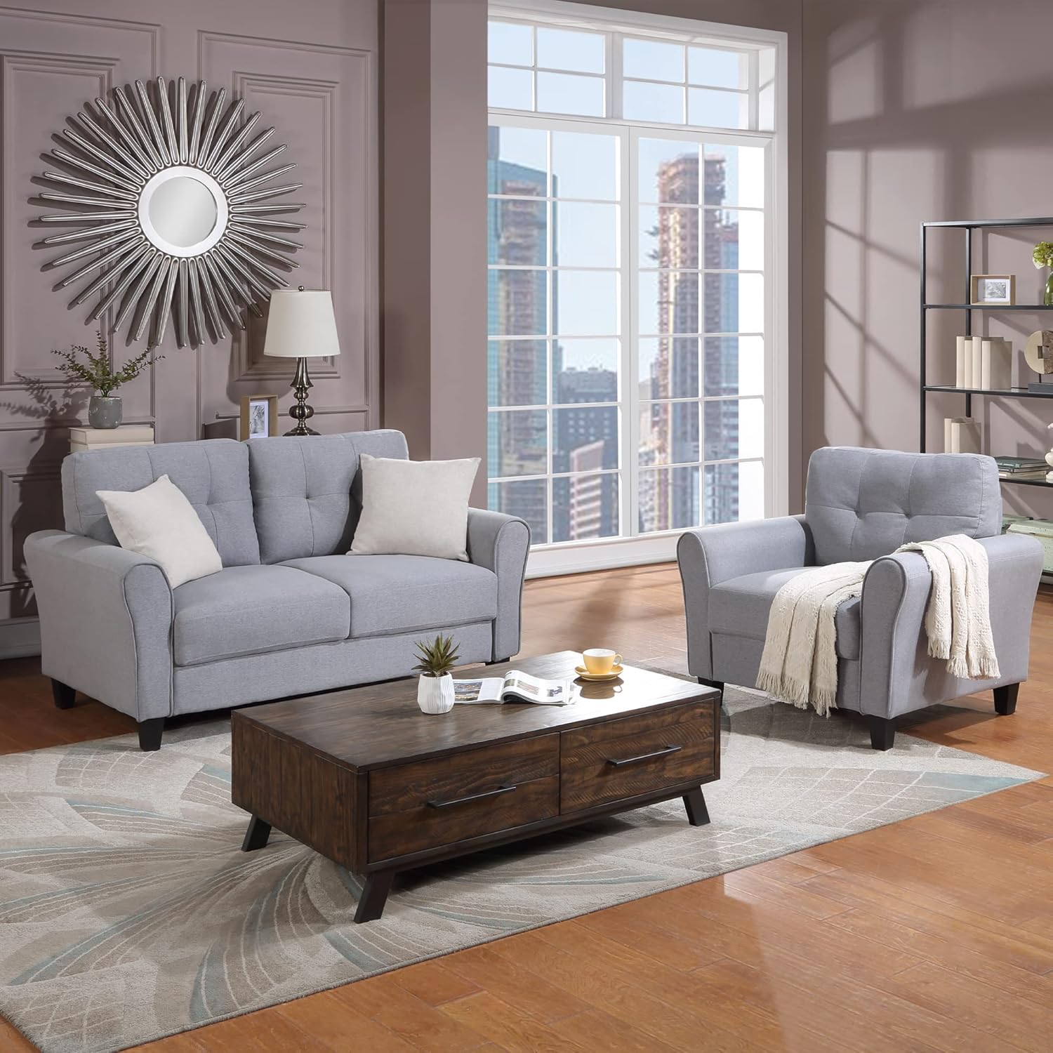 2 Pieces Linen Fabric Upholstered Living Room Sectional