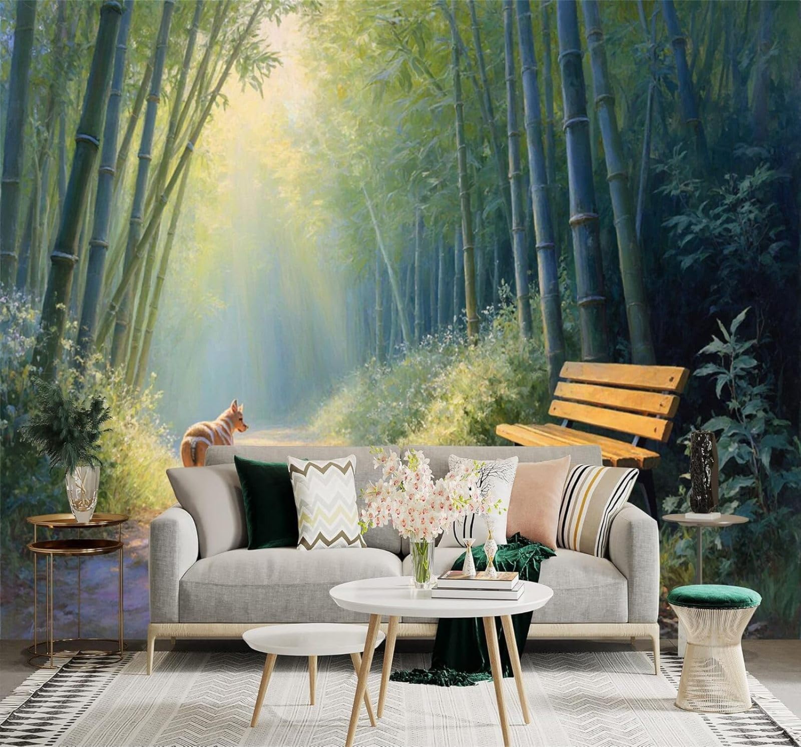 Xlming 250Cm×170Cm(B×H) Sunlight Bamboo Grove Footpath Bench Natural Scenery 3D Wallpaper Premium Textured Silk Study Dining Living Room Bedroom Sofa Tv Wall Easy Install-250Cm×170Cm