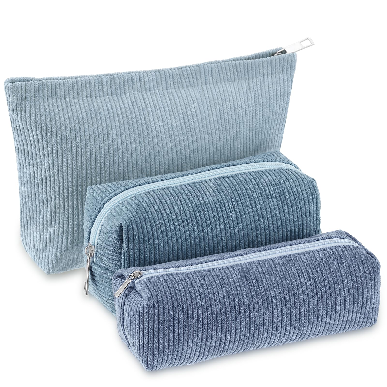 Huhumy 3 Pcs Makeup Bag Set for Women Corduroy Cosmetic Pouch Aesthetic Smile Travel Toiletry Bag Cute Purse Pouch Pencil Case Makeup Brushes Storage
