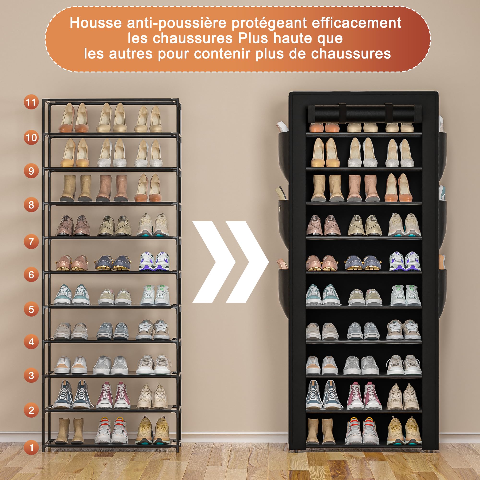 OYREL Étagère à Chaussures 11 Niveaux, Grande Armoire à Chaussures Haute pour 36-41 Paires de Chaussures, Stockage Chaussure-Organisateur avec Couverture étanche à la poussière