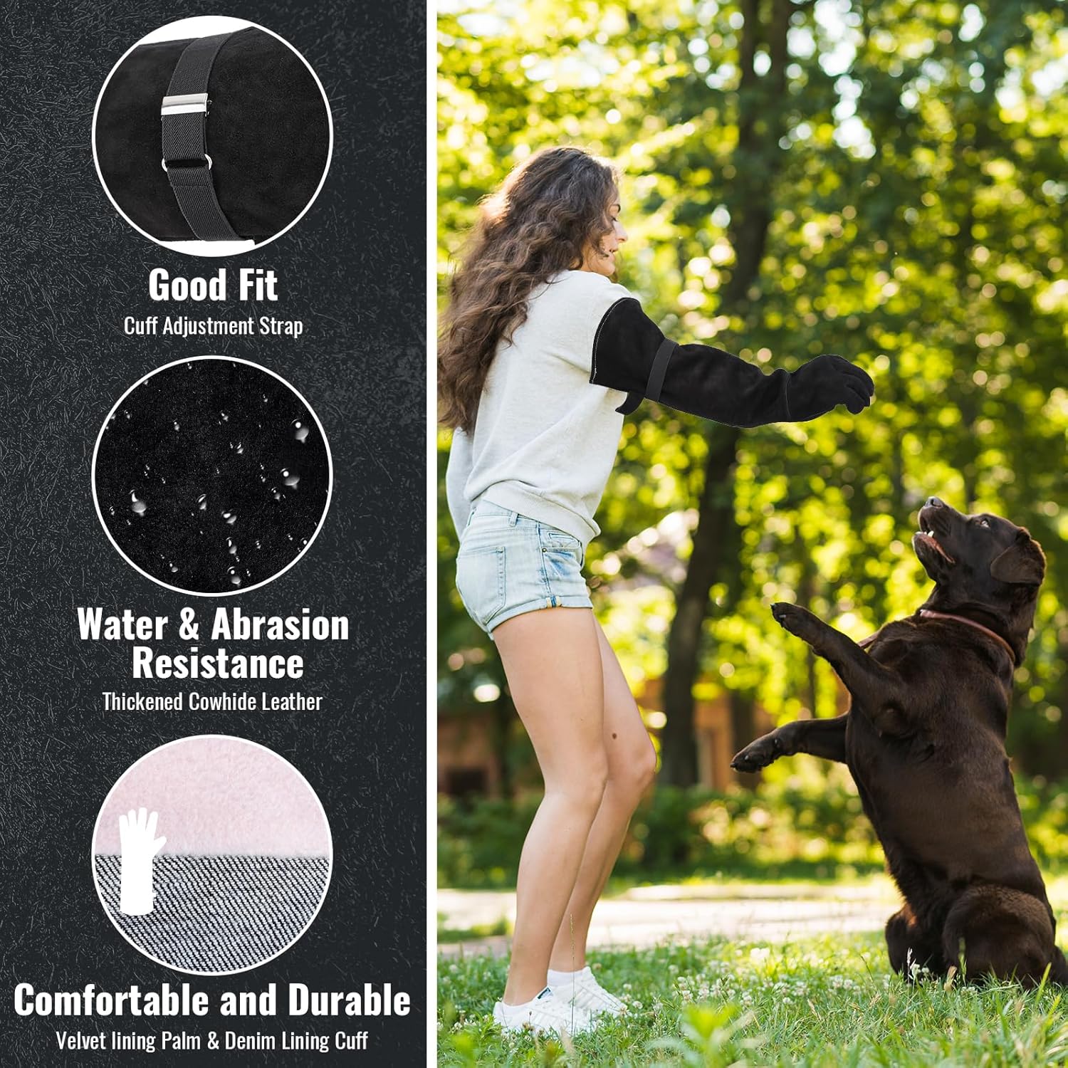 Animal Handling Gloves Bite Proof, Thickened Leather Cat Gloves for Scratching, Falconry, Welding, 23.6 inch Black - Image 2