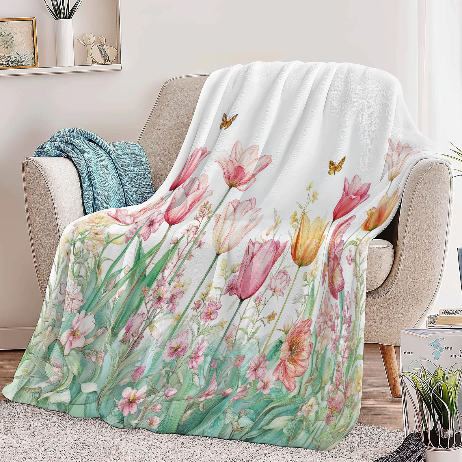 Przytulny koc flanelowy, puszysty, 150 x 200 cm, akwarelowe kwiaty i motyle, koc do mieszkania na kanapę i łóżko, miękki koc polarowy z mikrofibry, jako narzuta na kanapę, różowy