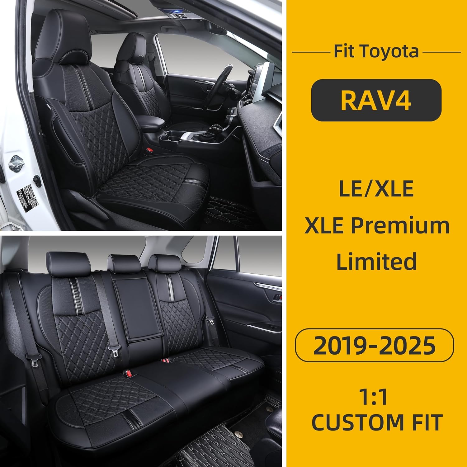 Custom Fit Rav4 Seat Covers for 2019-2025 Toyota RAV4 LE XLE Premium Limited, Waterproof Faux Leather Full Coverage Car Seat Protectors Full Set Accessories (Black)