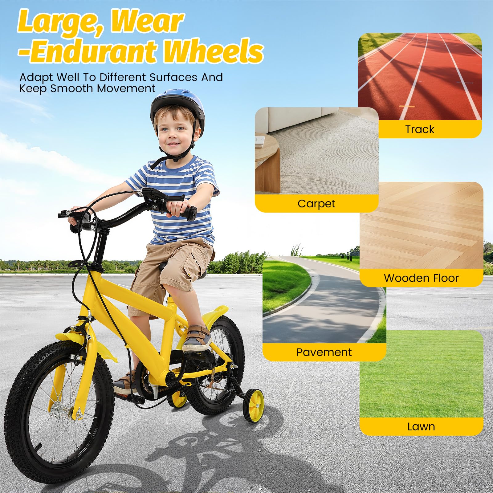 Bicicleta infantil de 14 pulgadas de altura ajustable a partir de 3 años, bicicleta segura con ruedas estabilizadoras y sistema de doble freno, para niños y niñas, perfecta para entrenamiento