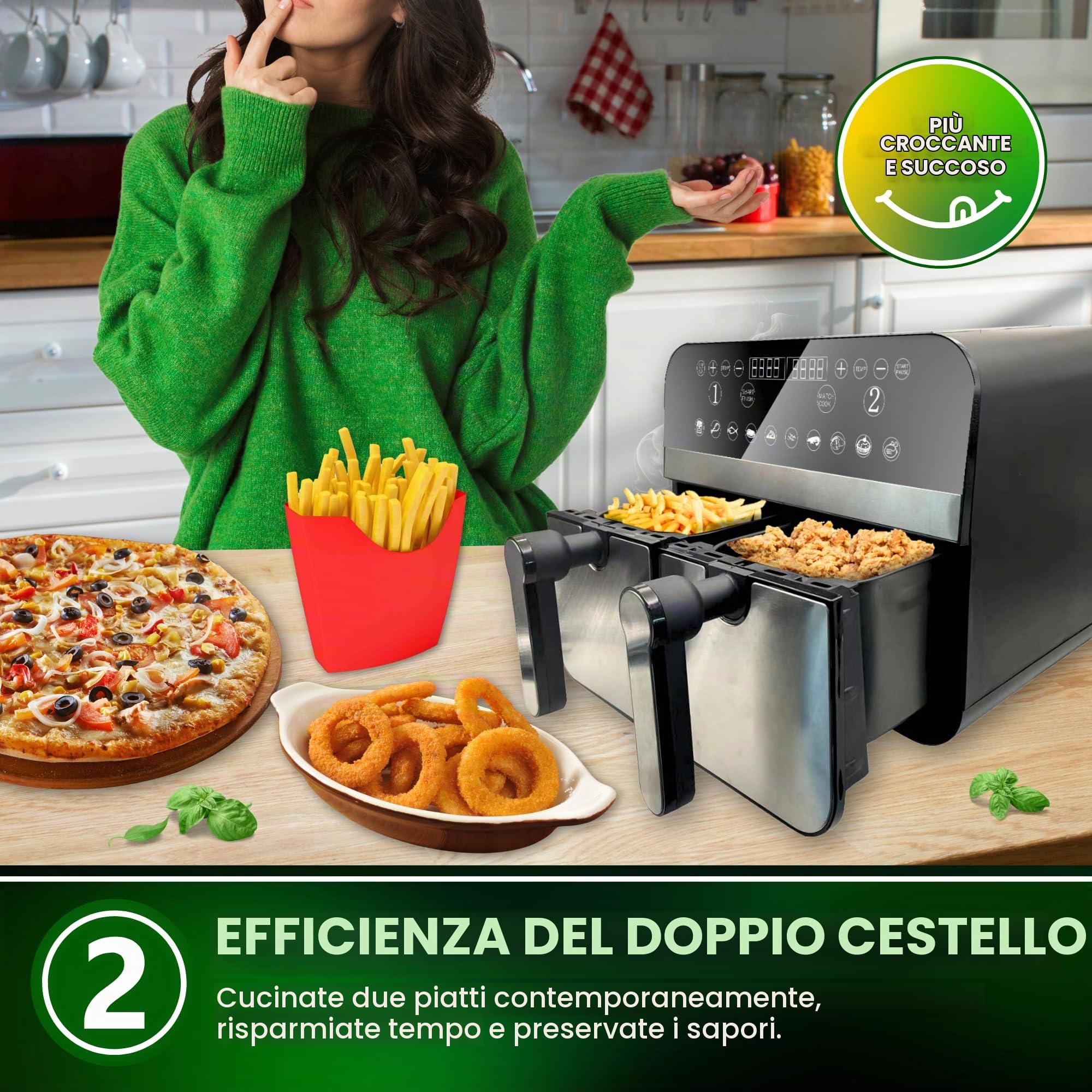 Comfy Nest, CNAFD45NS, Friggitrice ad aria calda, Friggitrice ad aria, doppio cestello digitale 2400W 9L in acciaio inox, cottura sana e veloce, ideale per i tuoi pasti in famiglia, 9L, argento