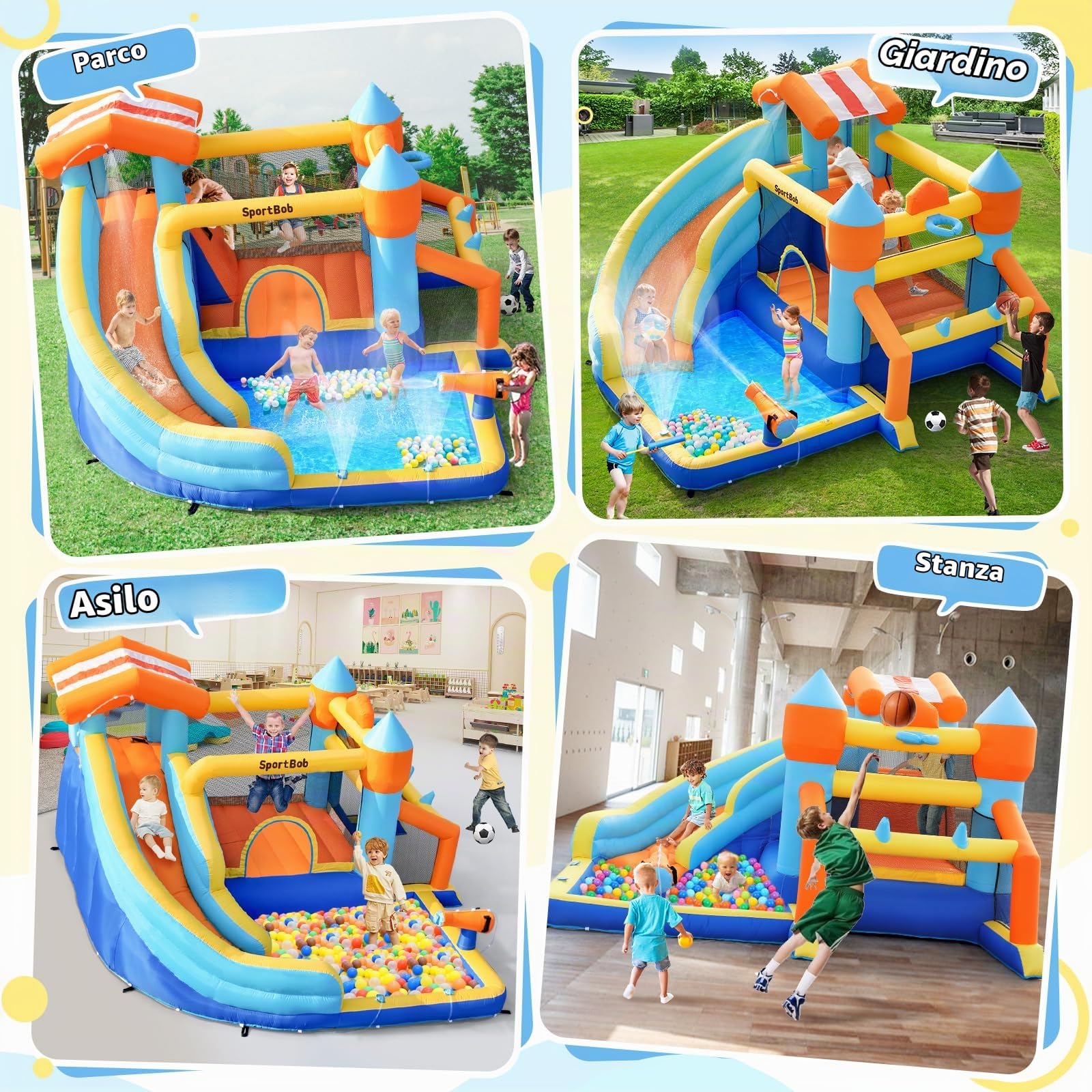 Gonfiabile per Bambini da Esterno e Interno, Castello Gonfiabile per Bambini con Scivolo Gonfiabile, Porta da Calcio, Cannone Acqua, Canestro Basket, Gioco degli Anelli per Giardino