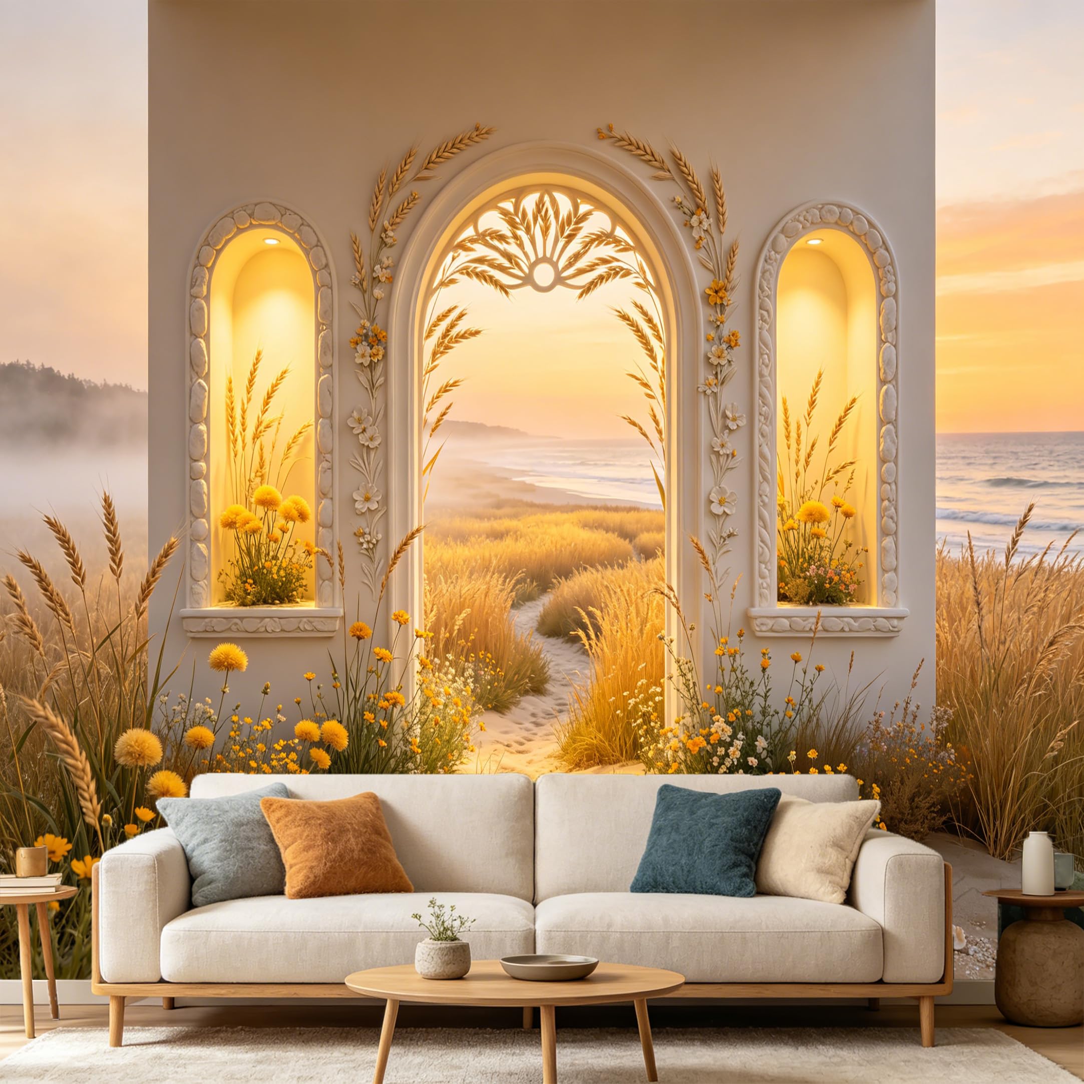 Custom Size Wall Mural， 3D Coastal Sunset Archway Golden Wheat Floral， SelfAdhesive Art Prints wall Fabric Removable Large Wallpaper Home Living Room Decor