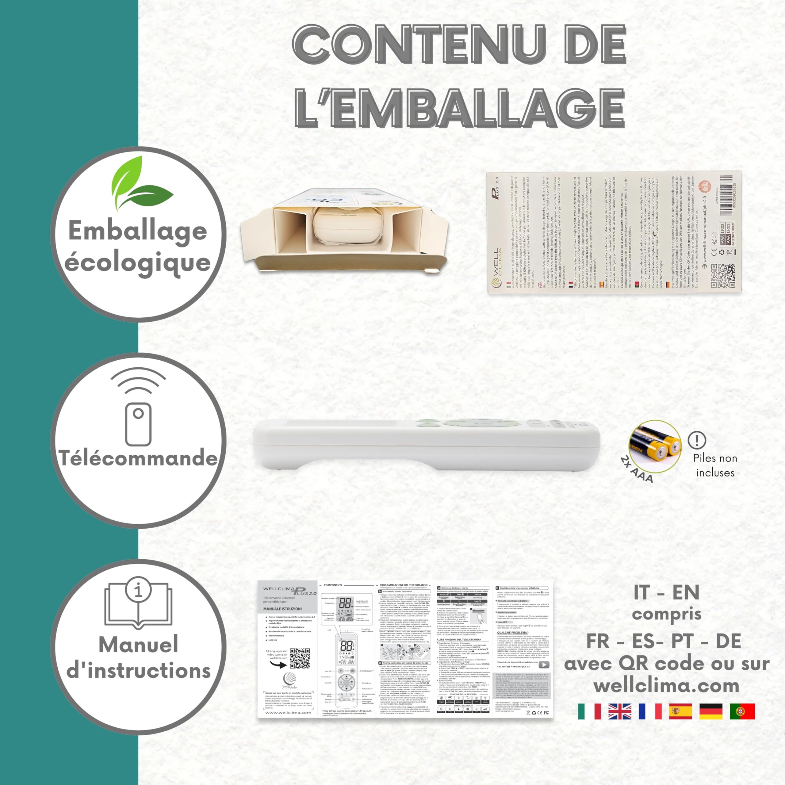 Wellclima Plus 2.0 – Télécommande Universelle pour climatiseur avec la Plus Large compatibilité du marché, Clavier et écran rétroéclairés, Lampe Torche LED, Assistance directe Wellclima