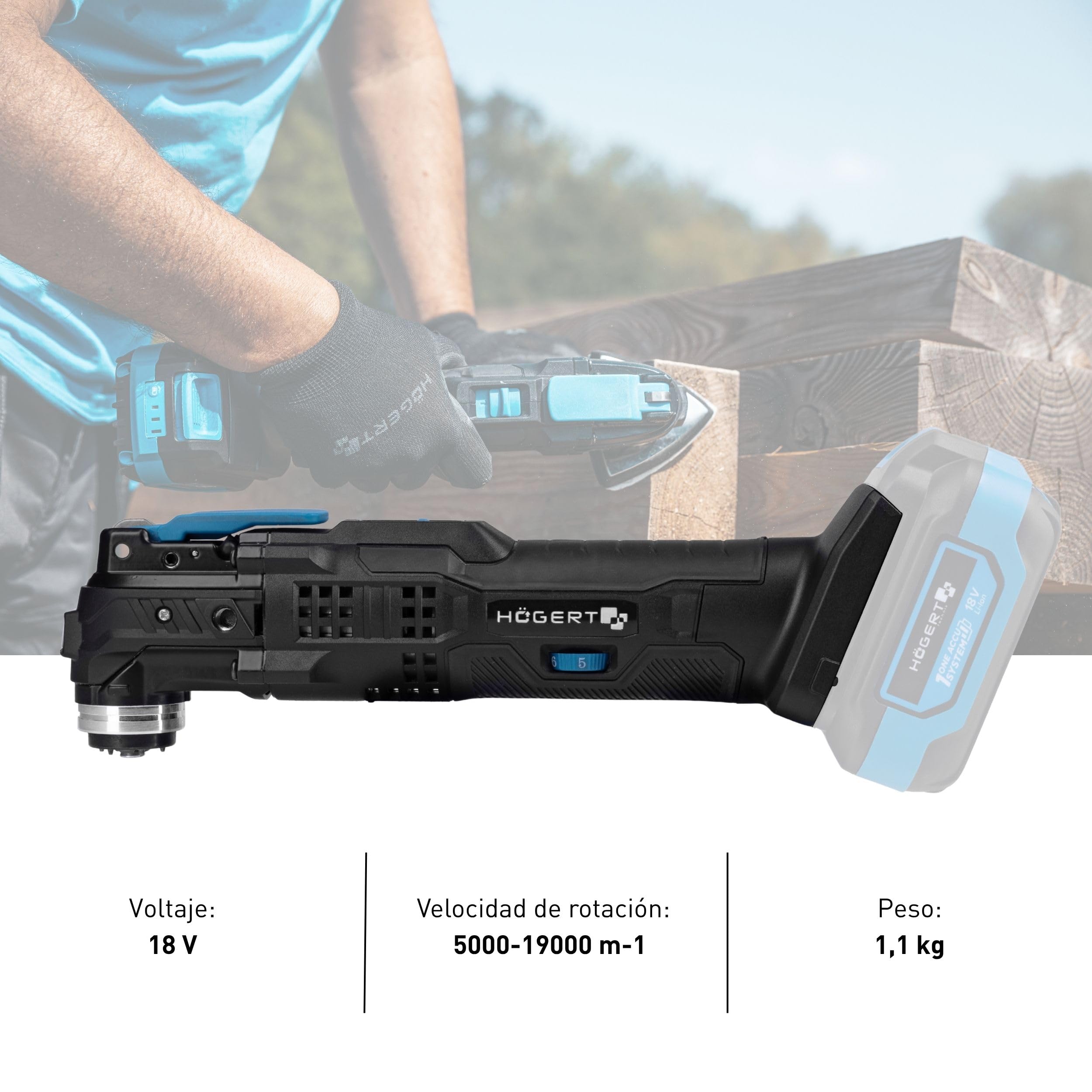 HÖGERT TECHNIK Herramienta Multifunción a Batería 18V OneAccuSystem, 5000-19000 RPM, oscilación 3°, LED, velocidad variable, softgrip, con accesorios, sin batería