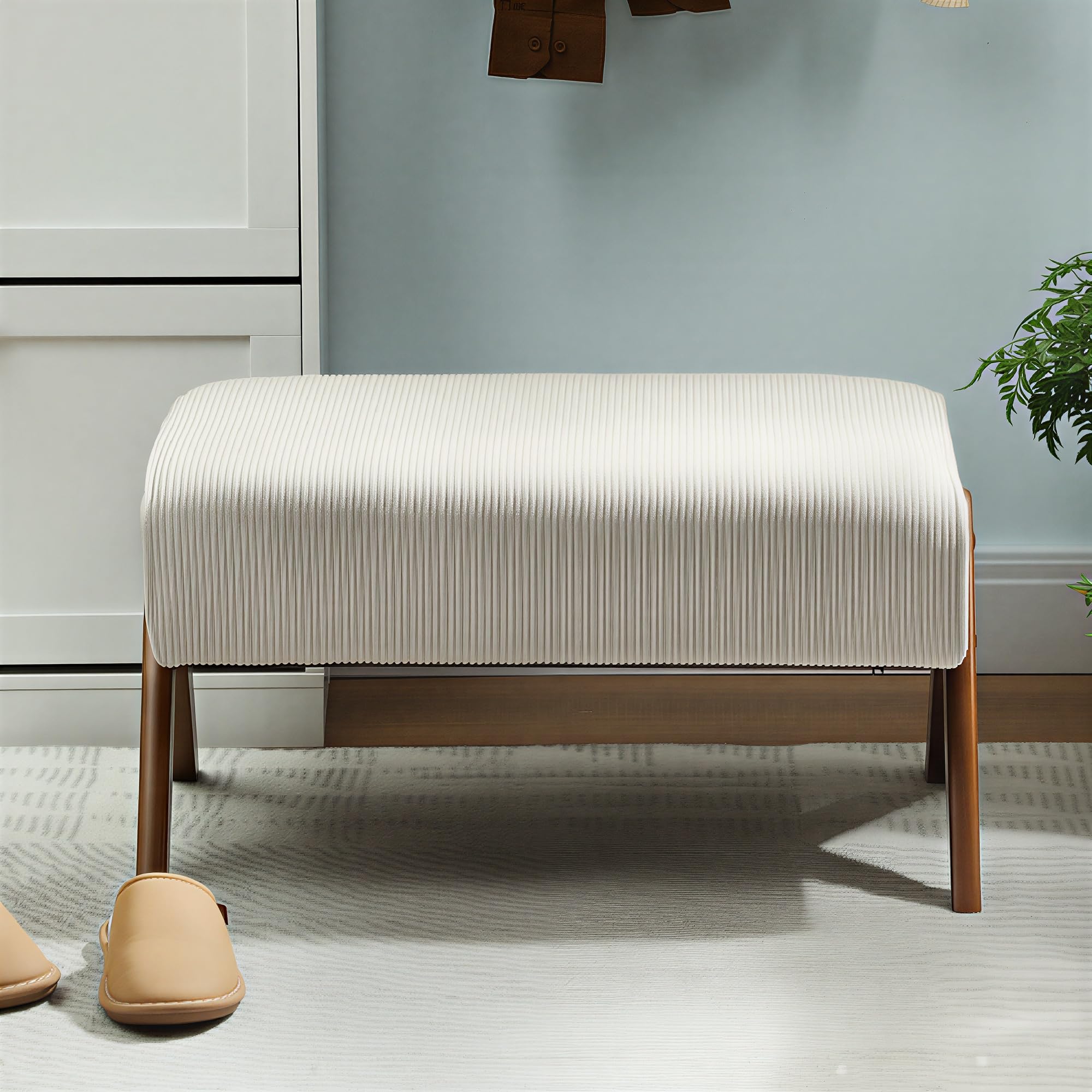 HOMCOM Reposapiés de Salón Taburete Bajo Tapizado en Pana Otomana Rectangular con Asiento Acolchado y Patas de Madera para Sala de Estar Dormitorio Beige