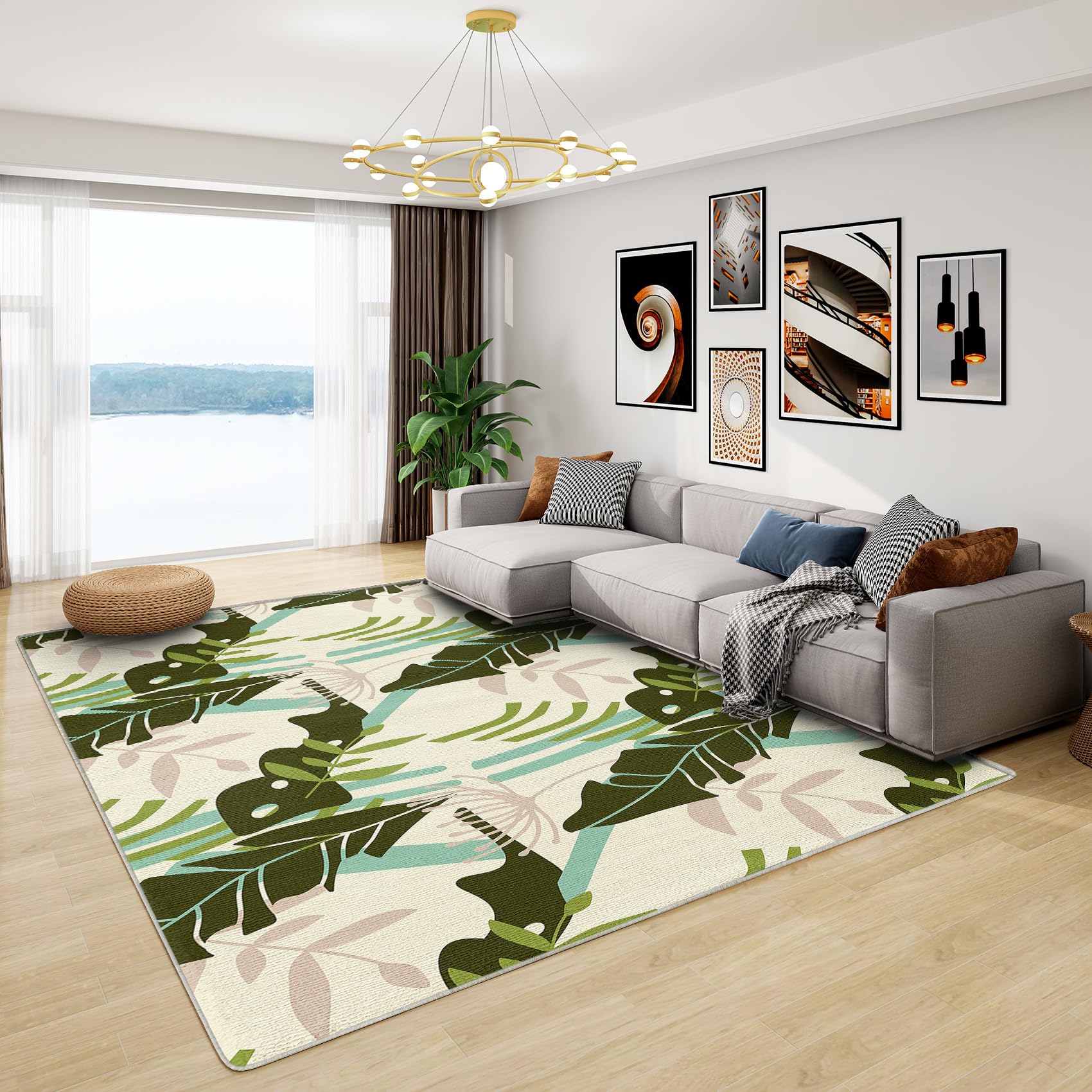 Tropical Rugs Living Room - Palm Leaves Rug, Monstera Leaf Rugs for Living Room Bedroom, Washable Non Slip Soft Large Carpet, Patterned Area Rugs & Home Decor 120x180 cm