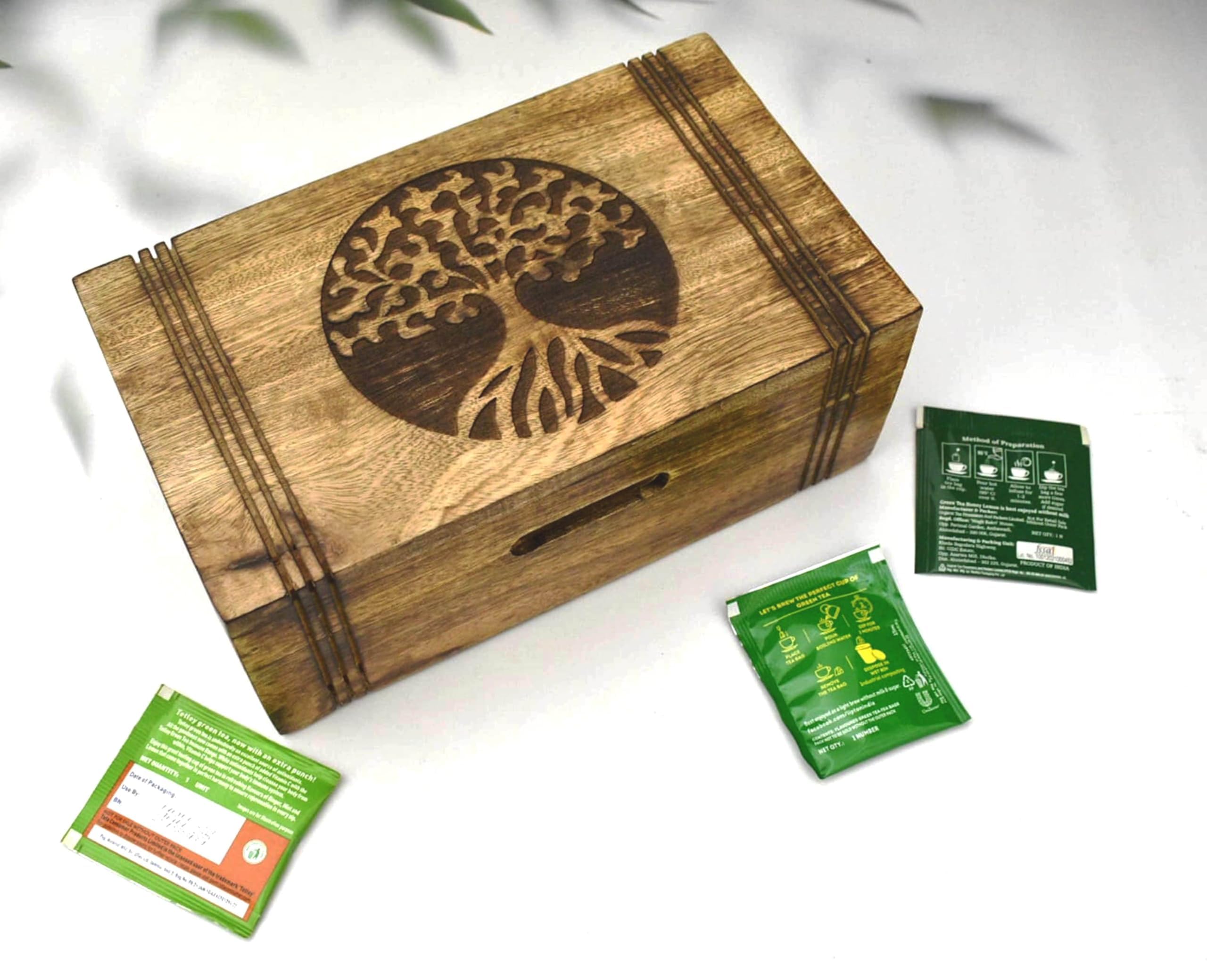 Caja de té de madera, caja de té para bolsas de té, caja de té de madera dura grabada con 6 compartimentos, caja de almacenamiento de té multifuncional, organizador de caja de té de madera, 10 x 6