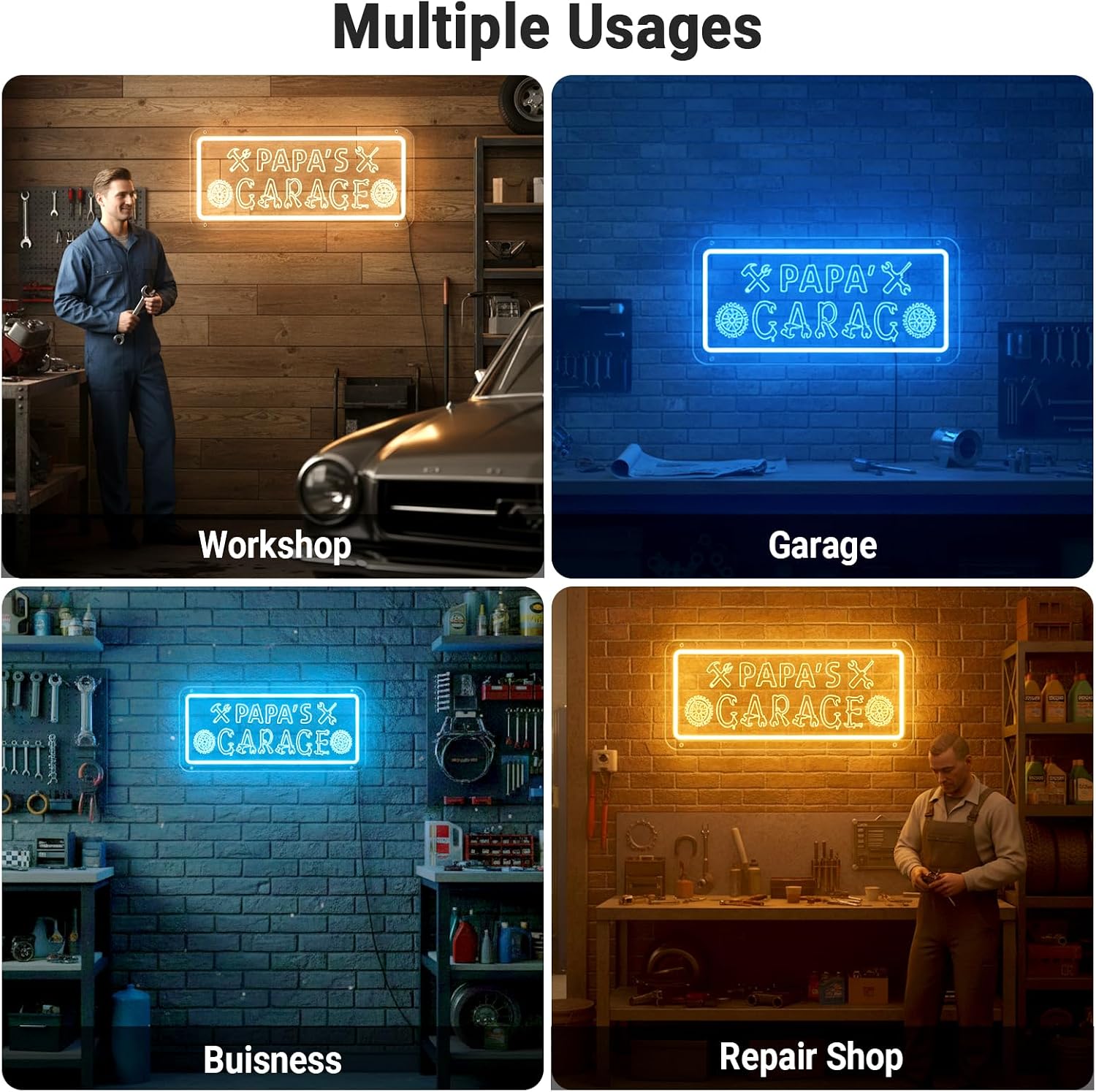 Custom Garage Neon Sign for Wall Decor, Personalized Name LED Arcylic Light for Garage Workshop Tool Room Man Cave Repair Shop Buisness, Dimmable LED Light for Dad Grandpa Men Father's Day Gift