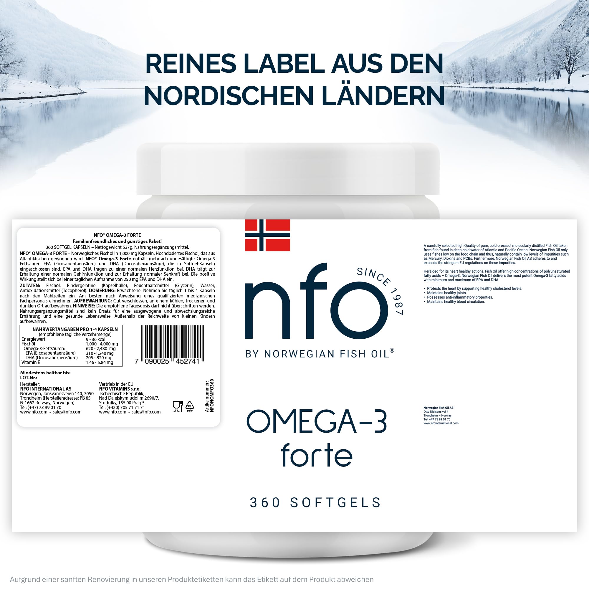 NFO OMEGA 3 FORTE [360 Kapseln] Norwegische Fischöl Omega 3 Kapseln hochdosiert, Fischöl Kapseln EPA & DHA als Ethylester & Vitamin E, Omega 3 Öl Komplex hochdosiert aus frisch Wildfisch