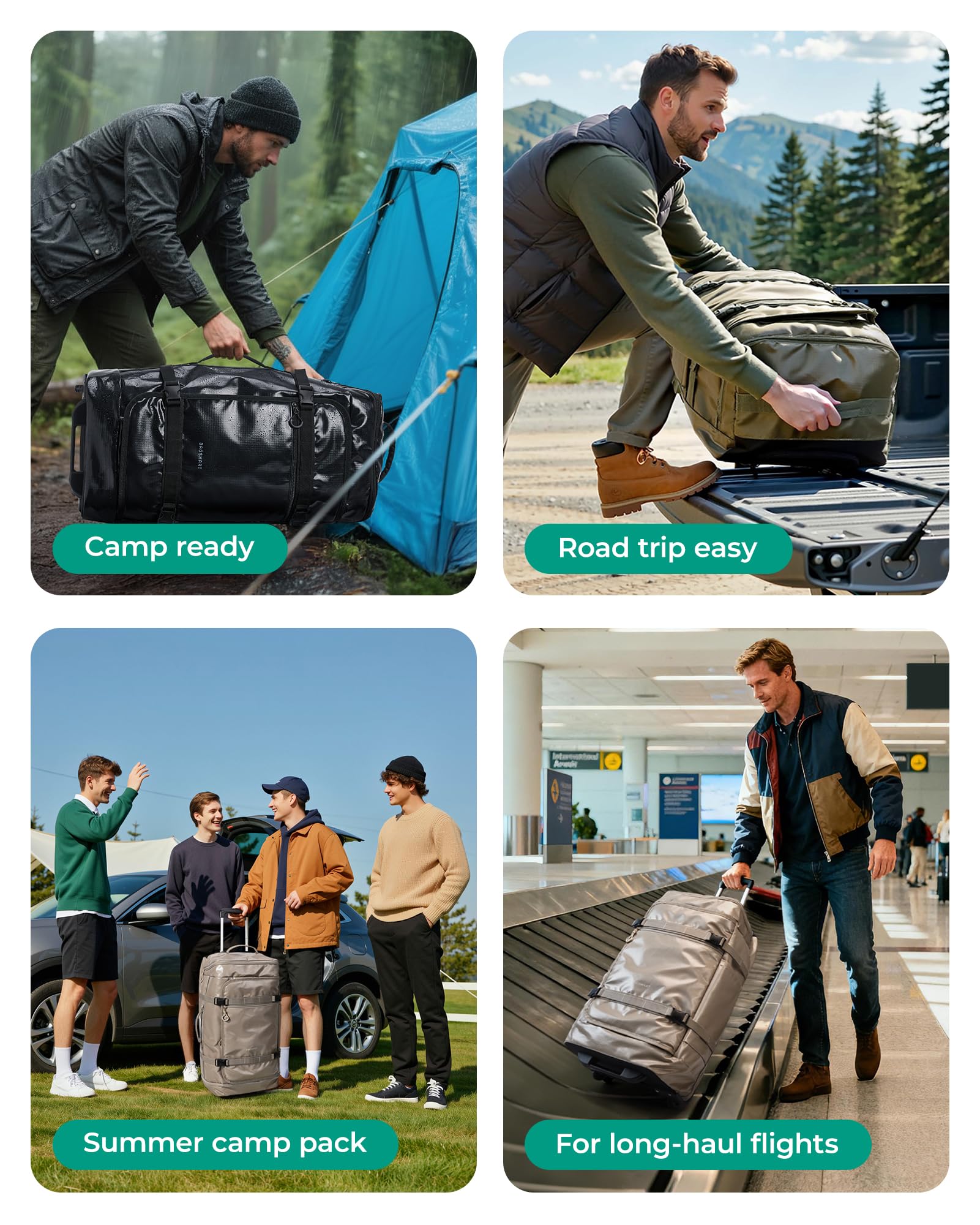 BAGSMART Rolling Duffle Bag with Wheels, Travel Duffel Luggage Bag for Women, Water Repellent Heavy Duty for Travel Camp, Grey, Medium, 48L: Black Large-70L