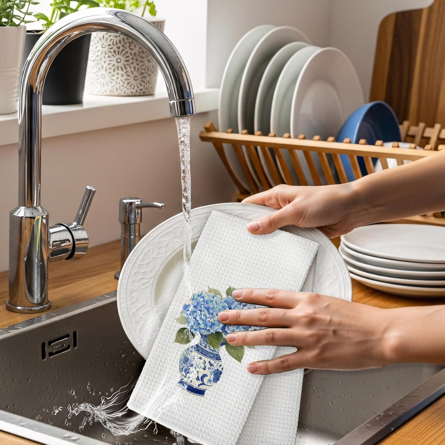 Chinoiserie Hydrangea Kitchen Towels, Blue and White Porcelain Floral Hand Dish Towels Decor, Blue Hydrangea Grandmillennial Tea Towel for Kitchen Bathroom Decorative, 16x24 Inch Set of 2 - Image 5