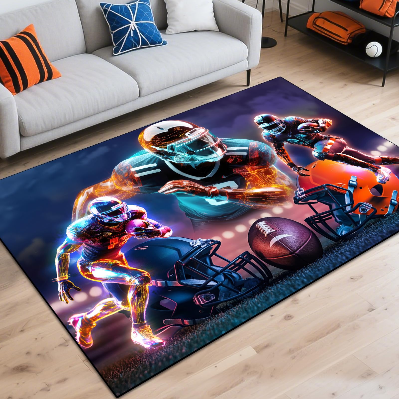 Washable Game Area Rug, Sports Ball Design Gaming Teen Carpet Rug Doormat, Non-Slip Low-Pile Floor Carpet for Computer Bedroom Indoor Front Entrance