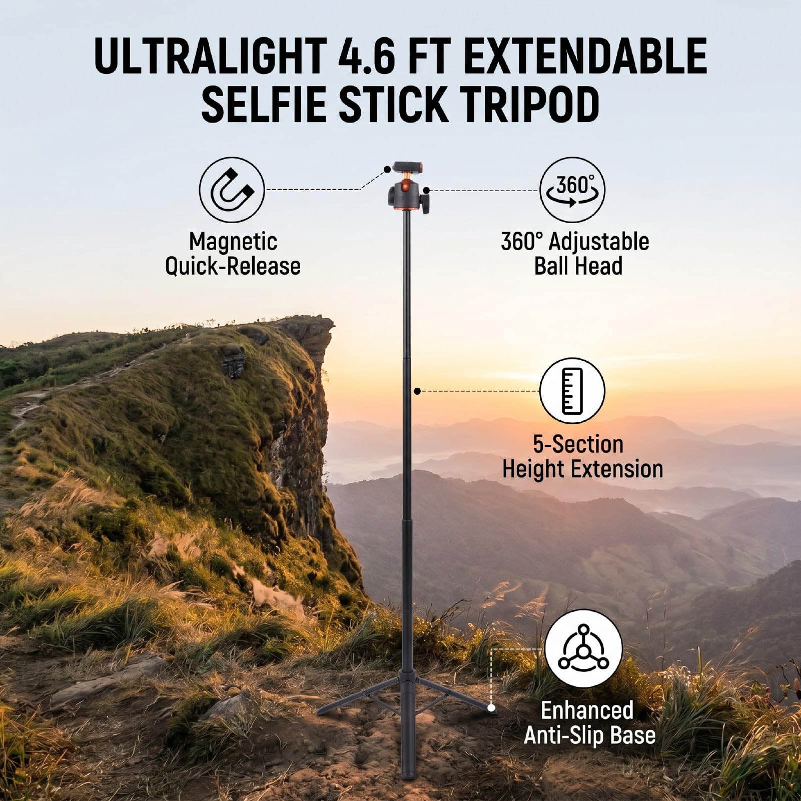 Generic Treppiede per Action Camera Selfie Stick da 4,6 Piedi Resistente e Leggero per Fotografia di Viaggio in Lega di Alluminio