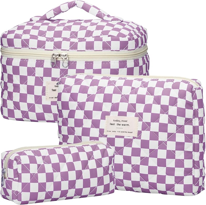 Conjunto TESAFNG com 3 necessaires de maquiagem acolchoadas de algodão, estampa floral quadriculada roxa