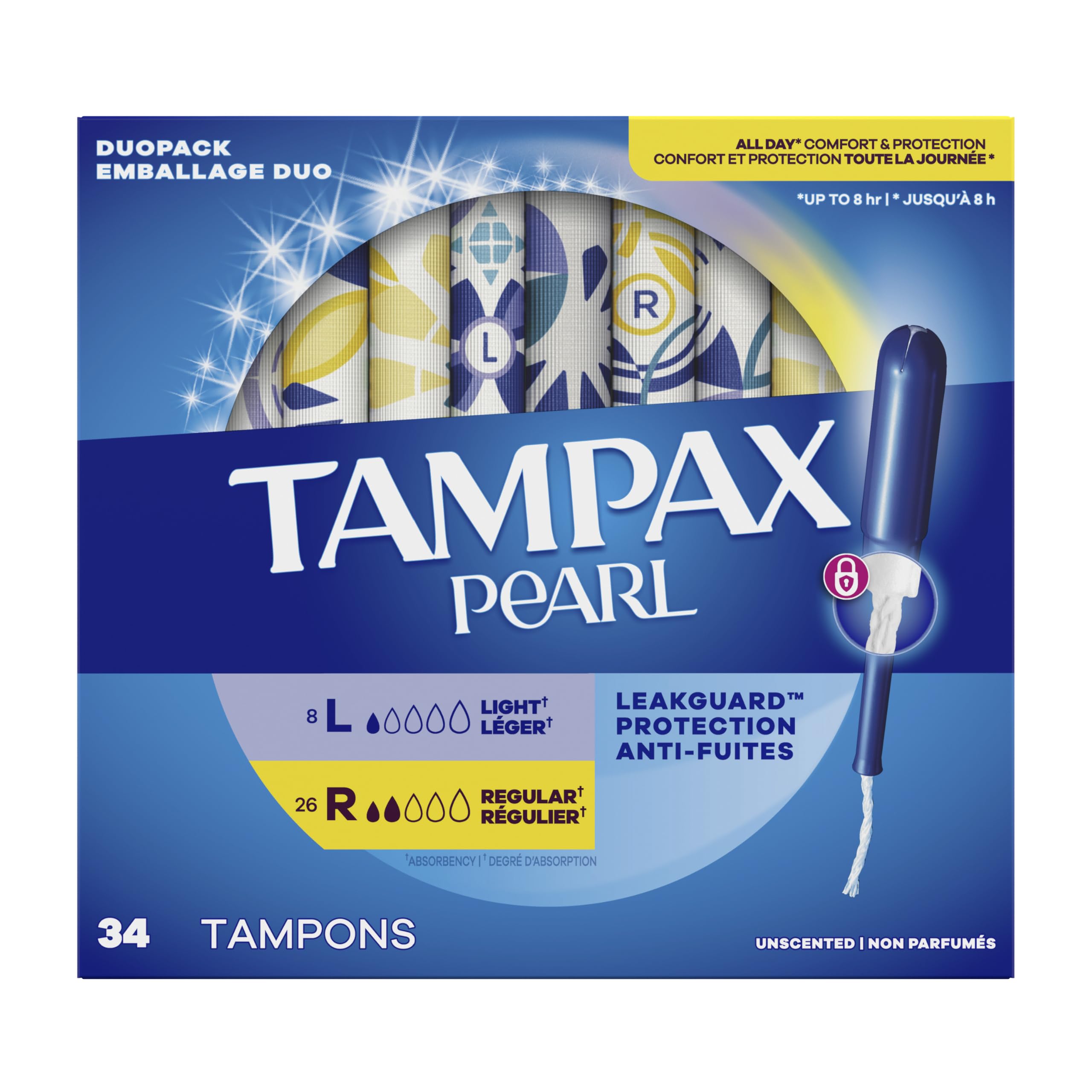 Tampax Pearl Tampons Multipack, leichte/normale Saugfähigkeit, mit Auslaufschutzgeflecht, geruchlos, 34 Stück x 6 Packungen (insgesamt 204 Stück)